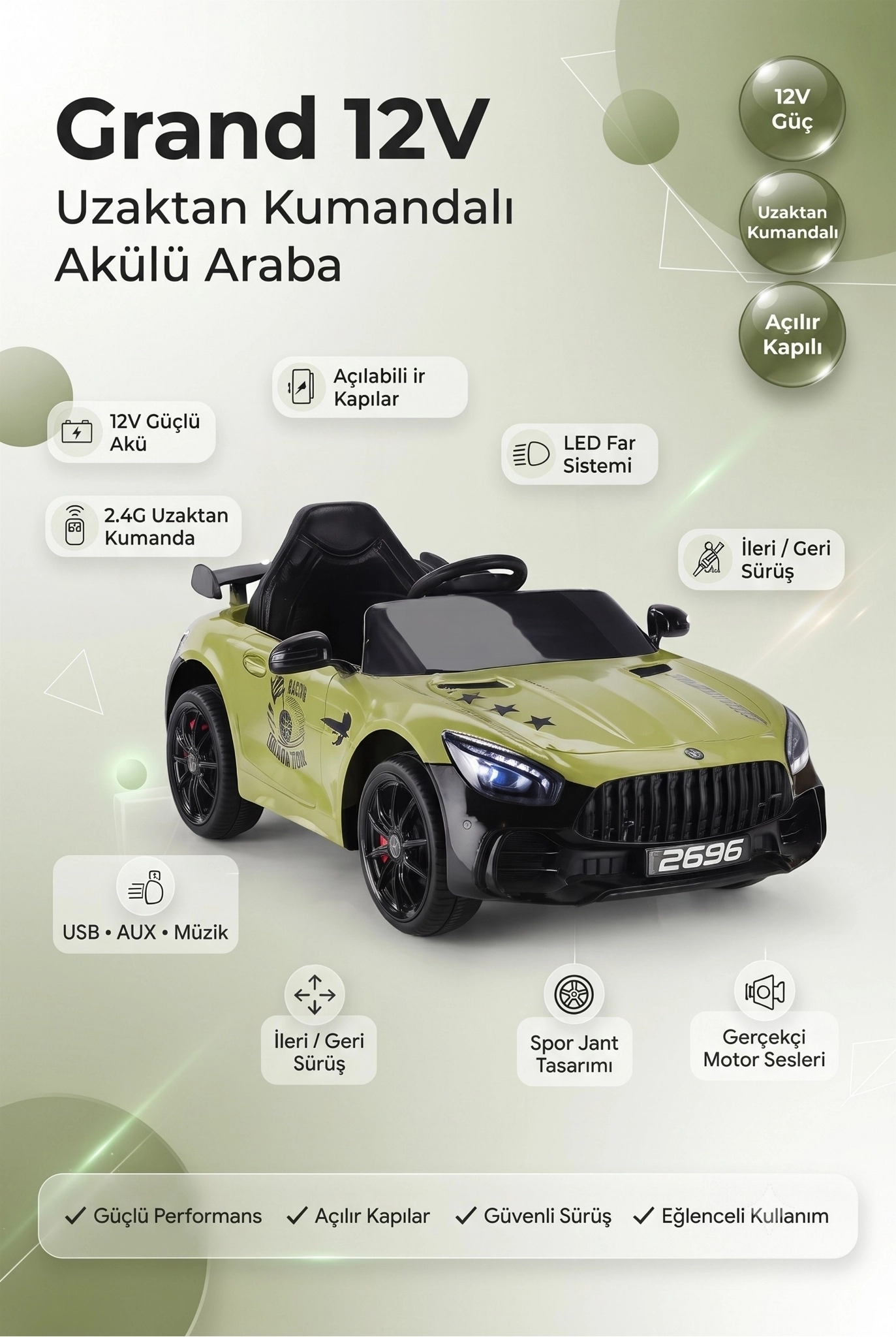 Minik Sürücülerin Süper Arabası! Grand 12V Sport Edition Akülü Araba (YEŞİL)