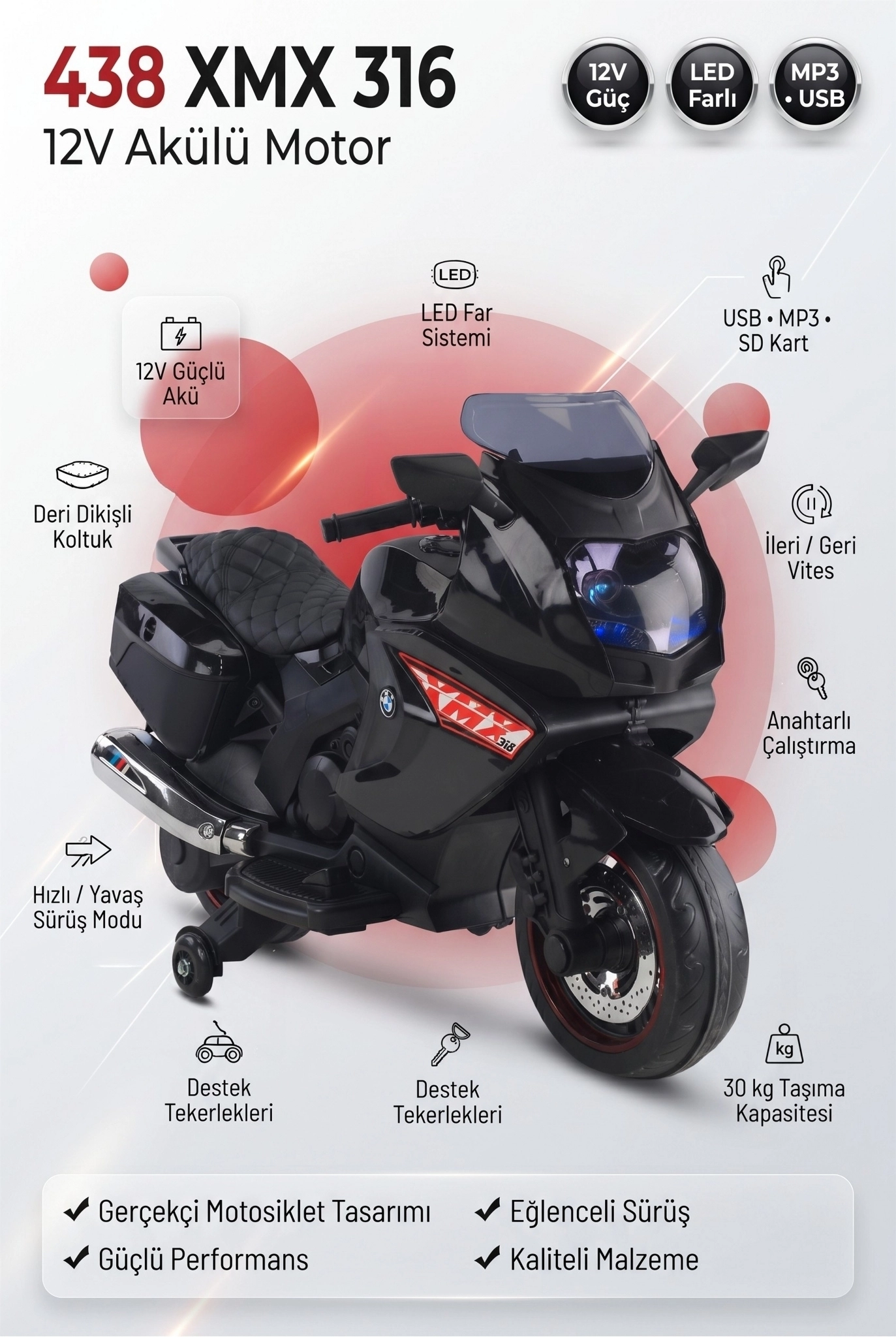 XMX 316 Siyah 12V Sportif Akülü Motor