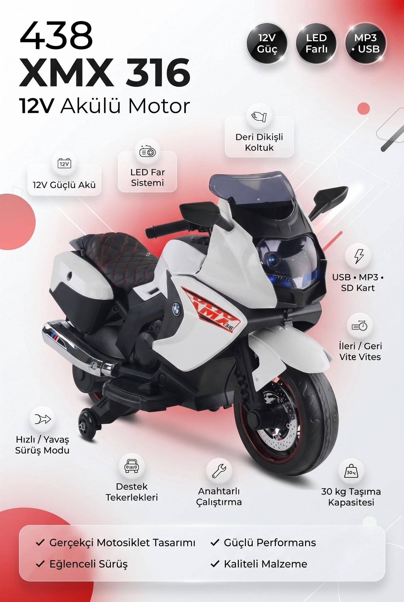 XMX 316 Beyaz 12V Sportif Akülü Motor