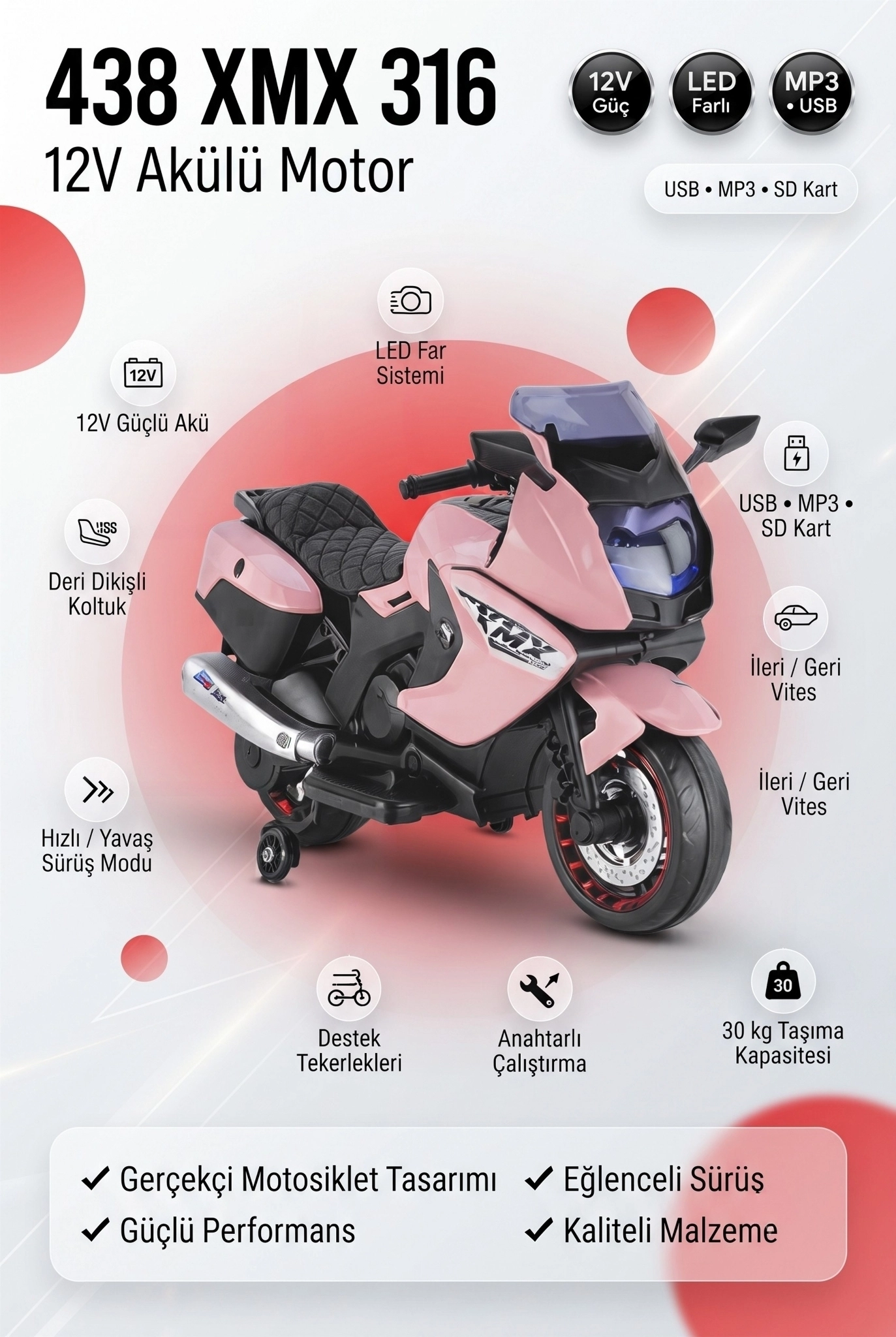XMX 316 Pembe 12V Sportif Akülü Motor