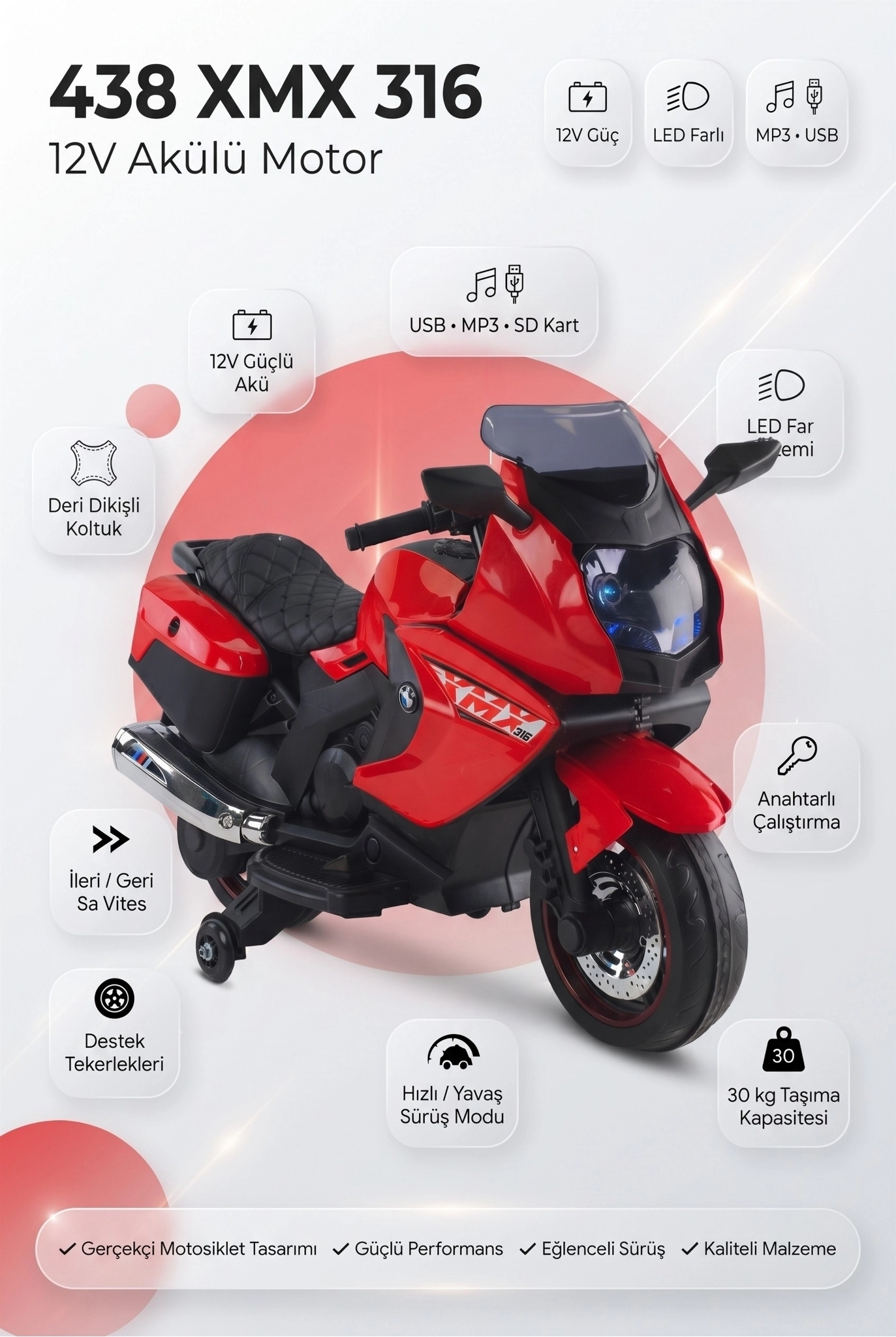 XMX 316 Kırmızı 12V Sportif Akülü Motor