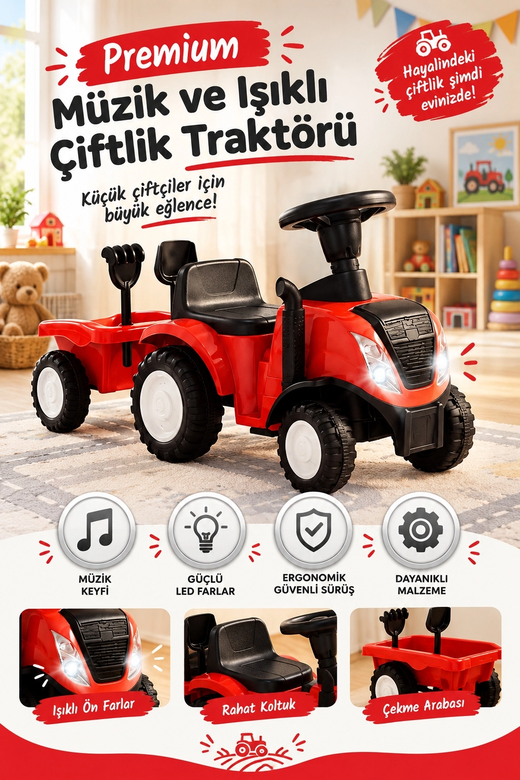 İlk Arabam İttirmeli Traktör Römorklu Işıklı Müzikli Binbin