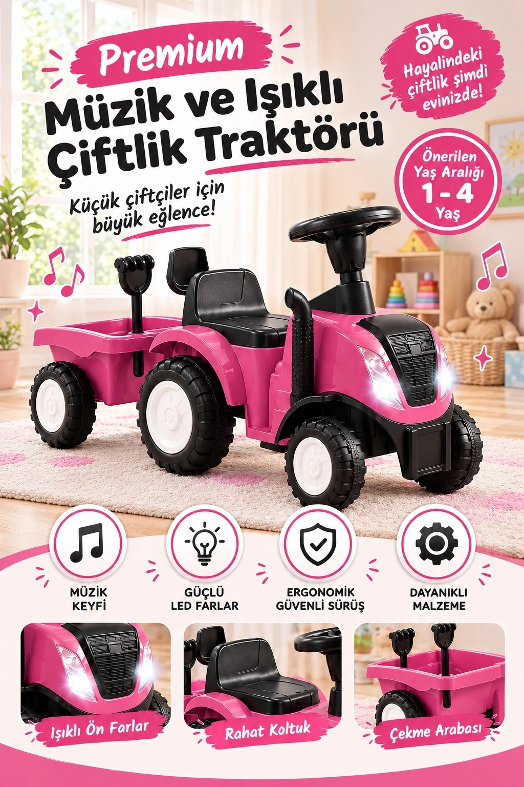 İlk Arabam İttirmeli Traktör Römorklu Işıklı Müzikli Binbin