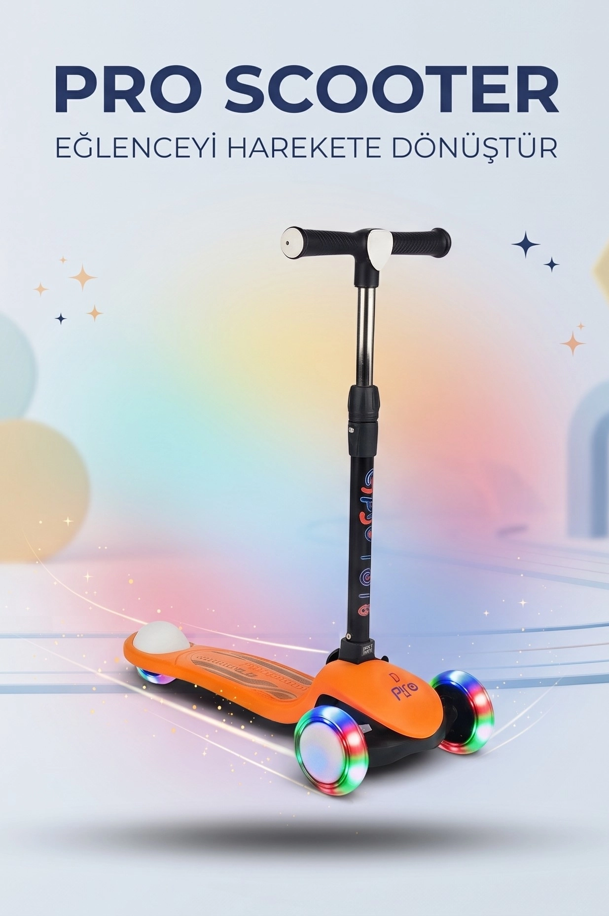 Pro Işıklı ve Katlanabilir Led Işıklı 3 Tekerlekli Çocuk Scooter 50kg Kapasite 3+yaş