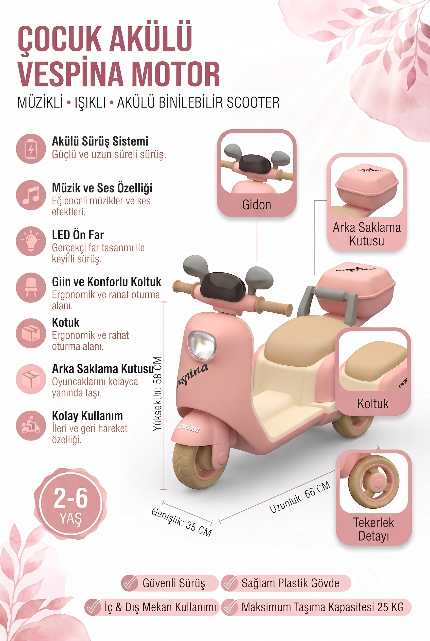 WESPİNA Akülü 3 Tekerlekli Çocuk Motoru Uzaktan Kumandalı 50 Kilo Taşıma Kapasiteli Müzik Çalarlı 1-6 Yaş