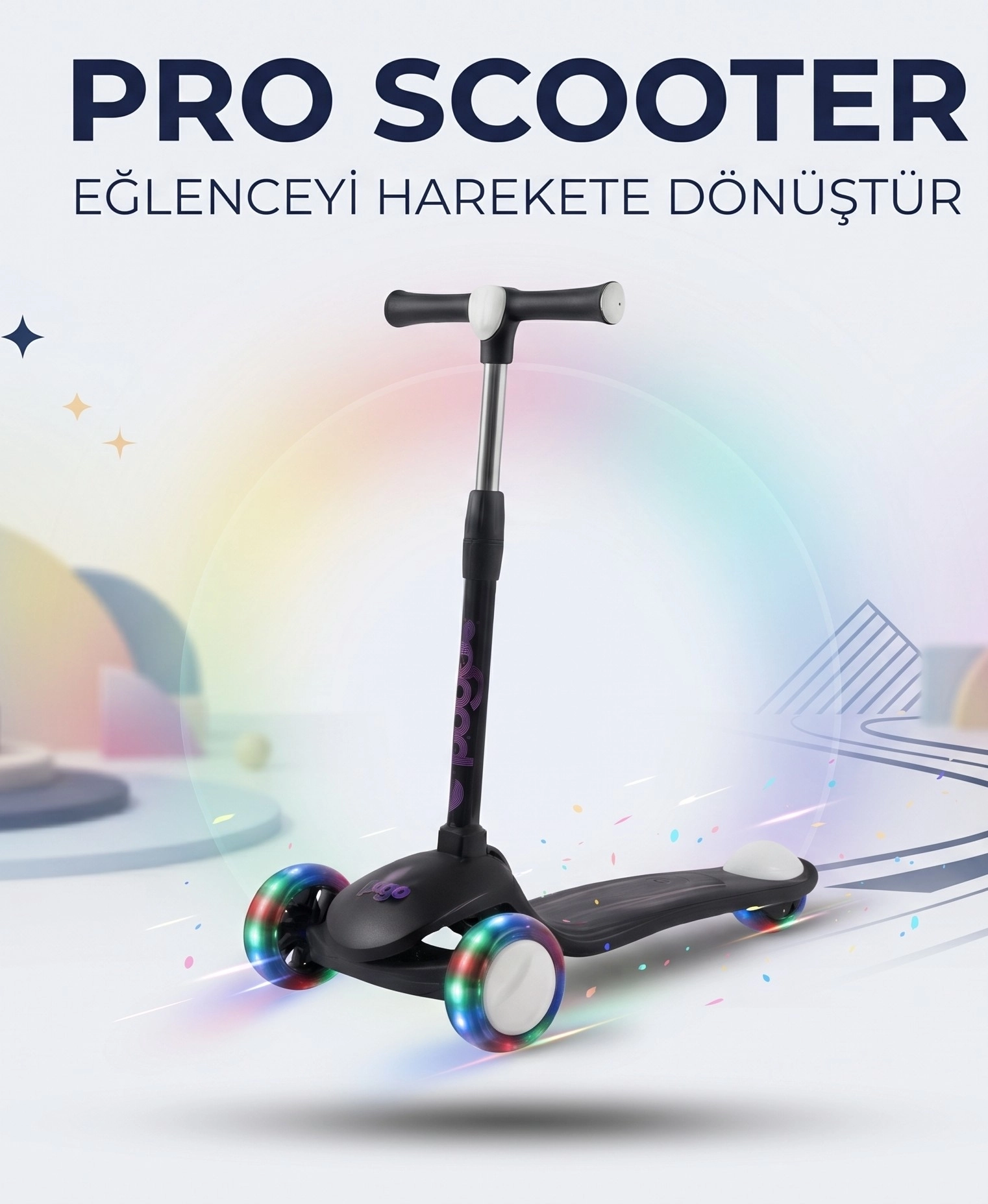 PRO Scooter Işıklı ve Katlanabilir Led Işıklı 3 Tekerlekli Çocuk Scooter 50kg Kapasite 3+yaş