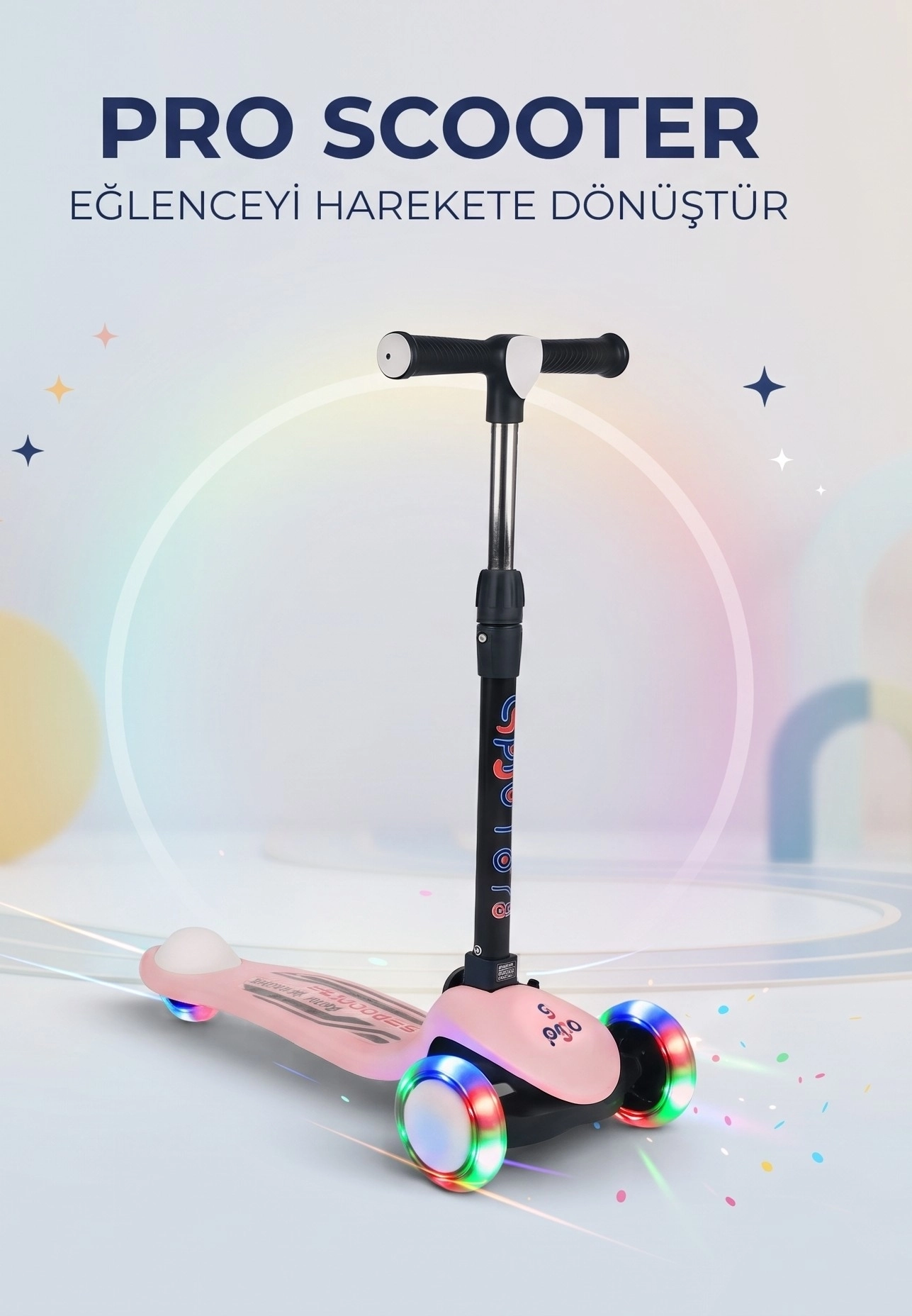 Pro Işıklı ve Katlanabilir Led Işıklı 3 Tekerlekli Çocuk Scooter 50kg Kapasite 3+yaş