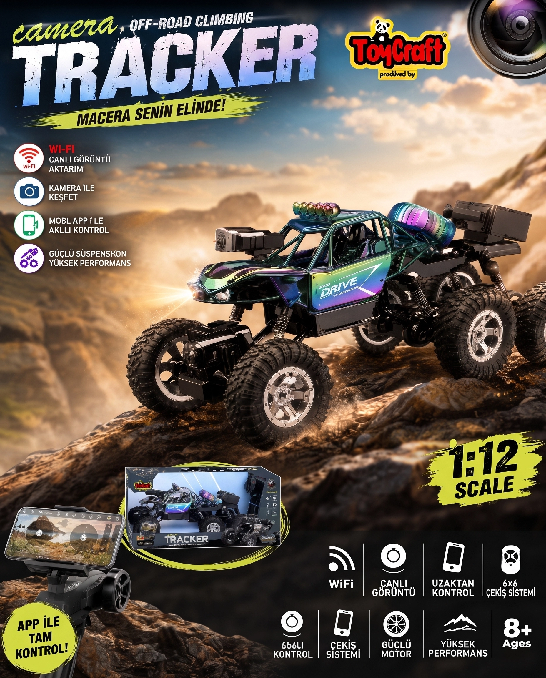 ToyCraft Tracker 6x6 Wi-Fi Kameralı Off-Road Kumandalı Araç – 1:12 Ölçek
