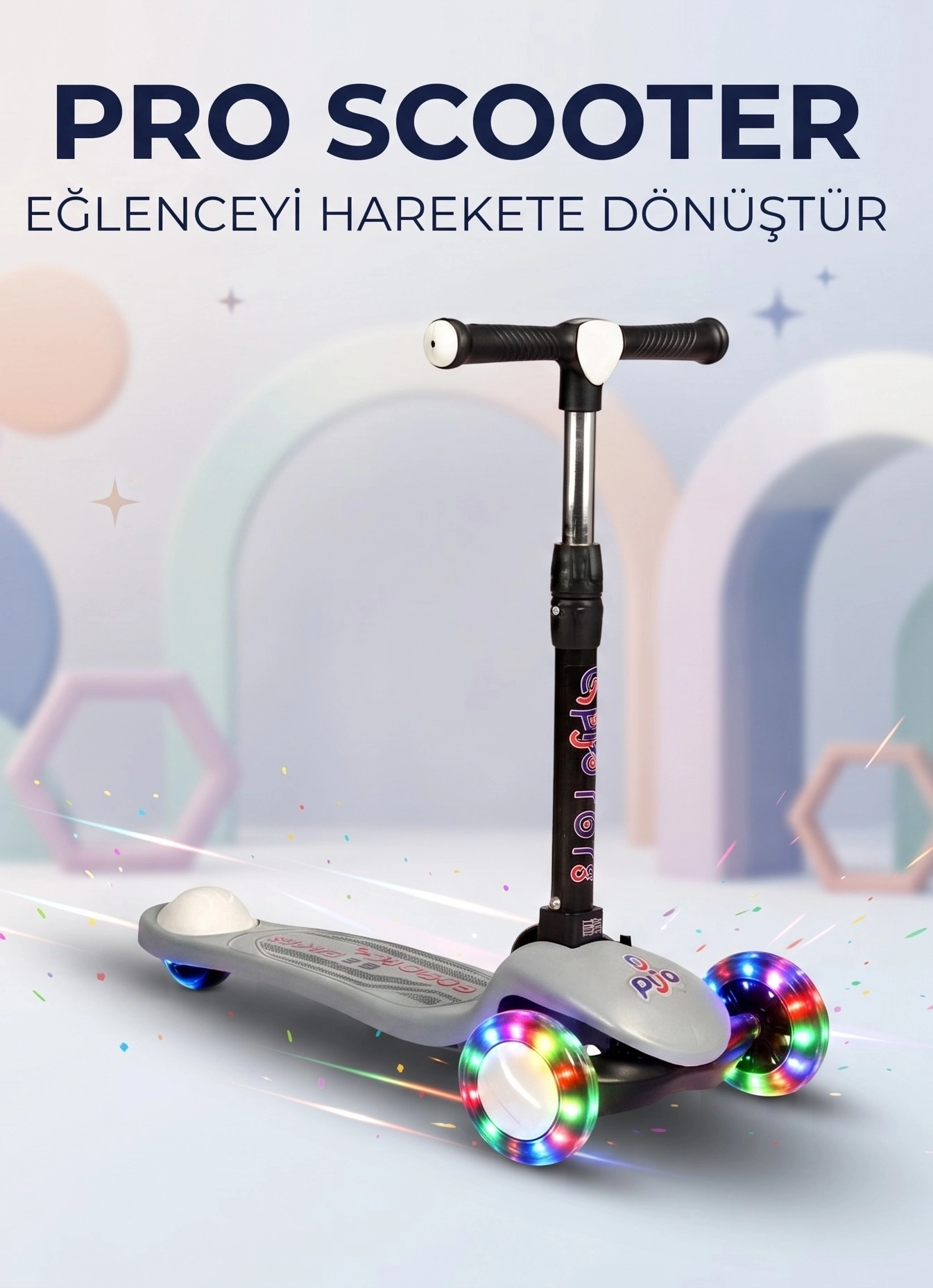 PRO Scooter Işıklı ve Katlanabilir Led Işıklı 3 Tekerlekli Çocuk Scooter 50kg Kapasite 3+yaş