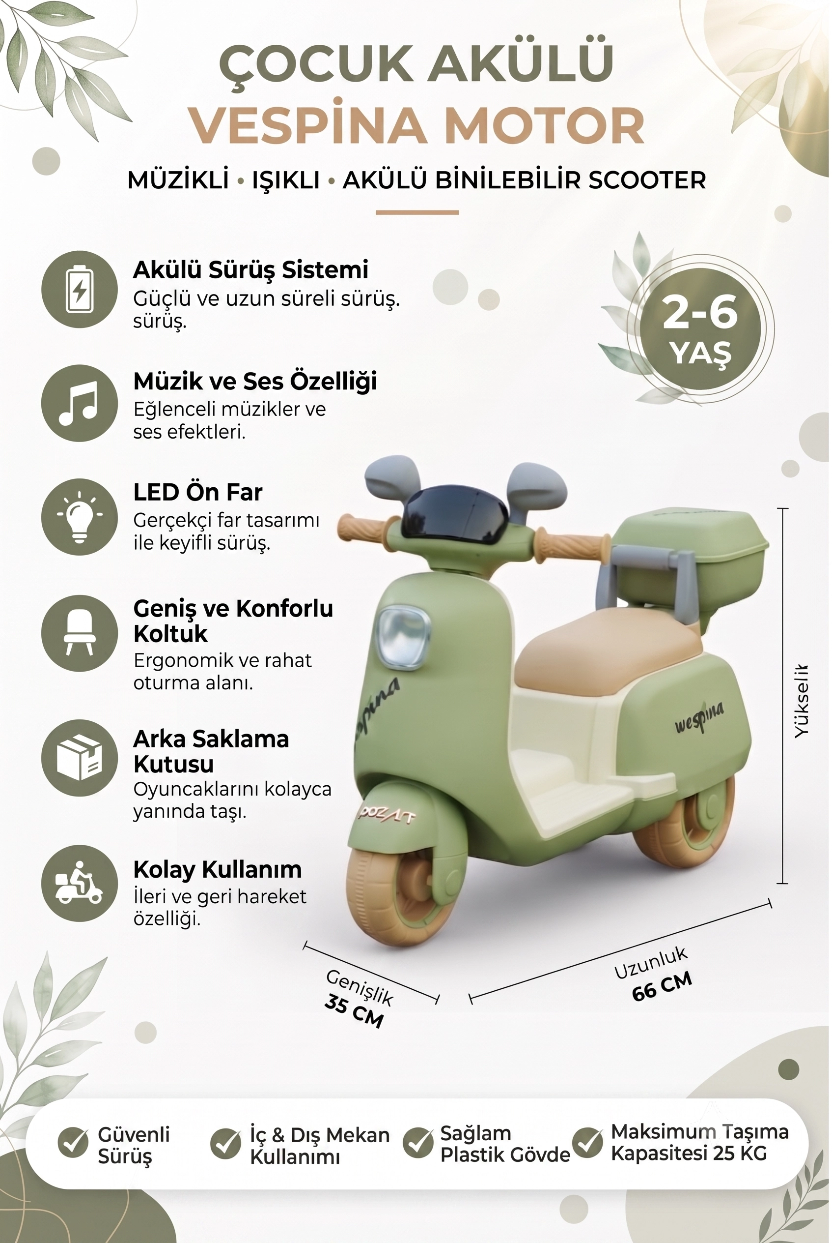 WESPİNA Akülü 3 Tekerlekli Çocuk Motoru Uzaktan Kumandalı 50 Kilo Taşıma Kapasiteli Müzik Çalarlı 1-6 Yaş