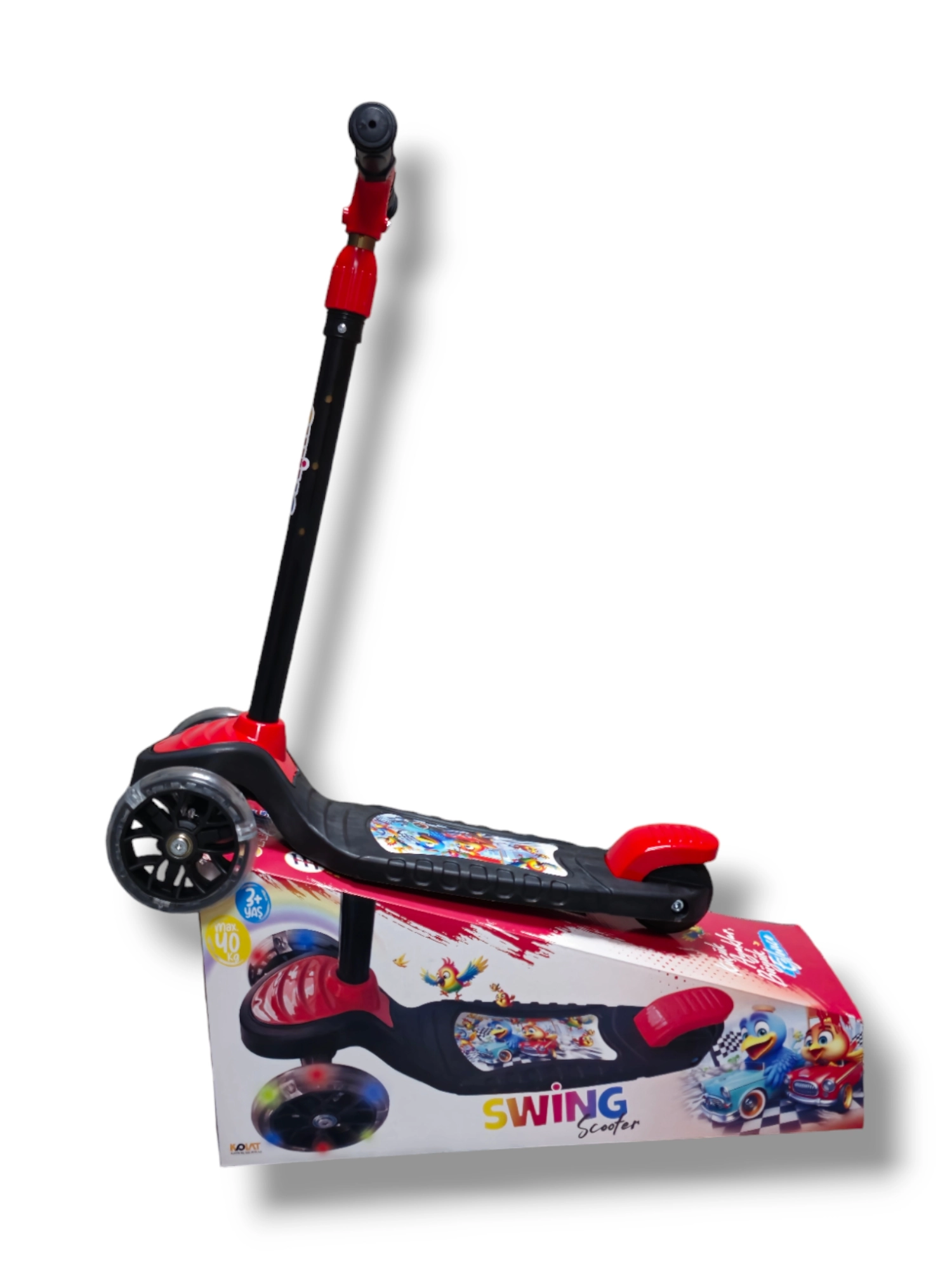 SWİNG KIRMIZI Led Işıklı 3 Tekerlekli Yükseklik Ayarlı Scooter +3 Yaş 40Kg Kapasiteli