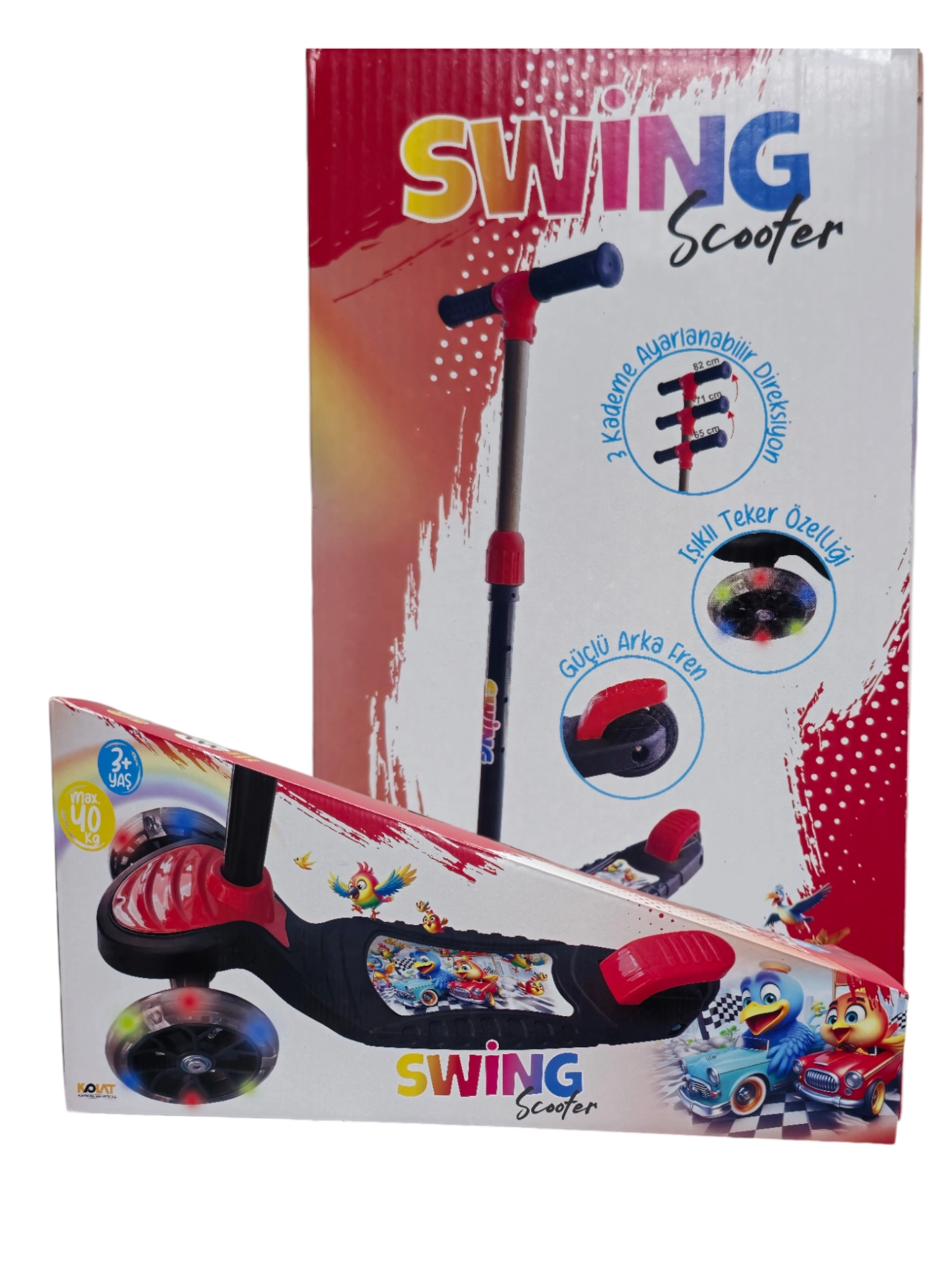 SWİNG KIRMIZI Led Işıklı 3 Tekerlekli Yükseklik Ayarlı Scooter +3 Yaş 40Kg Kapasiteli
