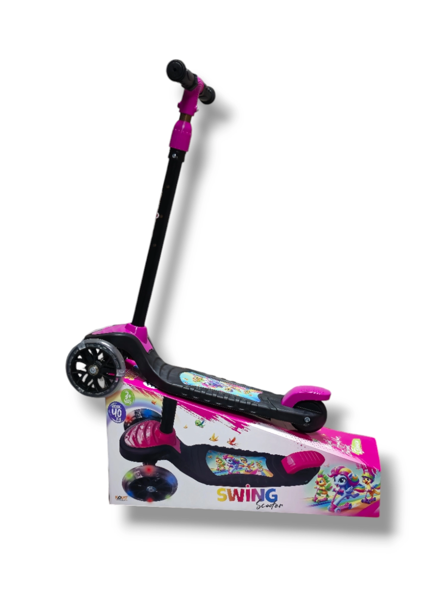 SWİNG PEMBE Led Işıklı 3 Tekerlekli Yükseklik Ayarlı Scooter +3 Yaş 40Kg Kapasiteli