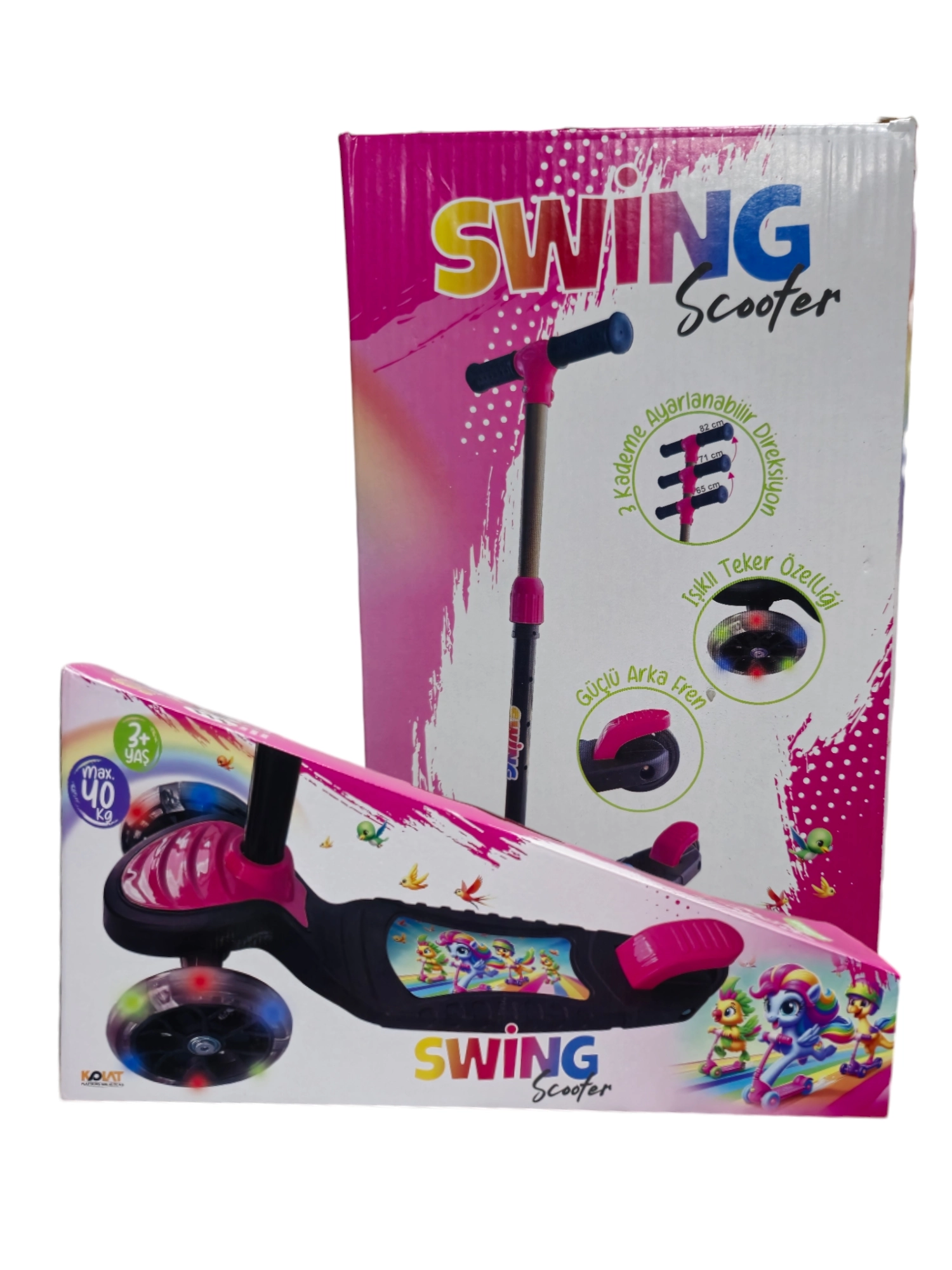 SWİNG PEMBE Led Işıklı 3 Tekerlekli Yükseklik Ayarlı Scooter +3 Yaş 40Kg Kapasiteli