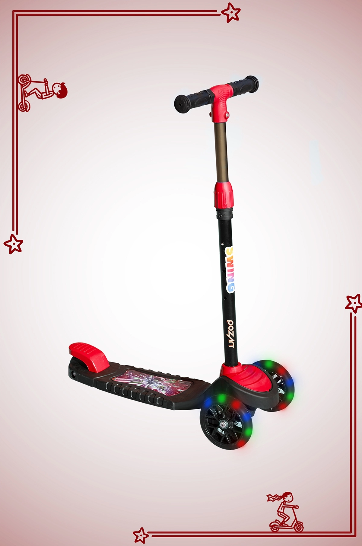 SWİNG KIRMIZI Led Işıklı 3 Tekerlekli Yükseklik Ayarlı Scooter +3 Yaş 40Kg Kapasiteli