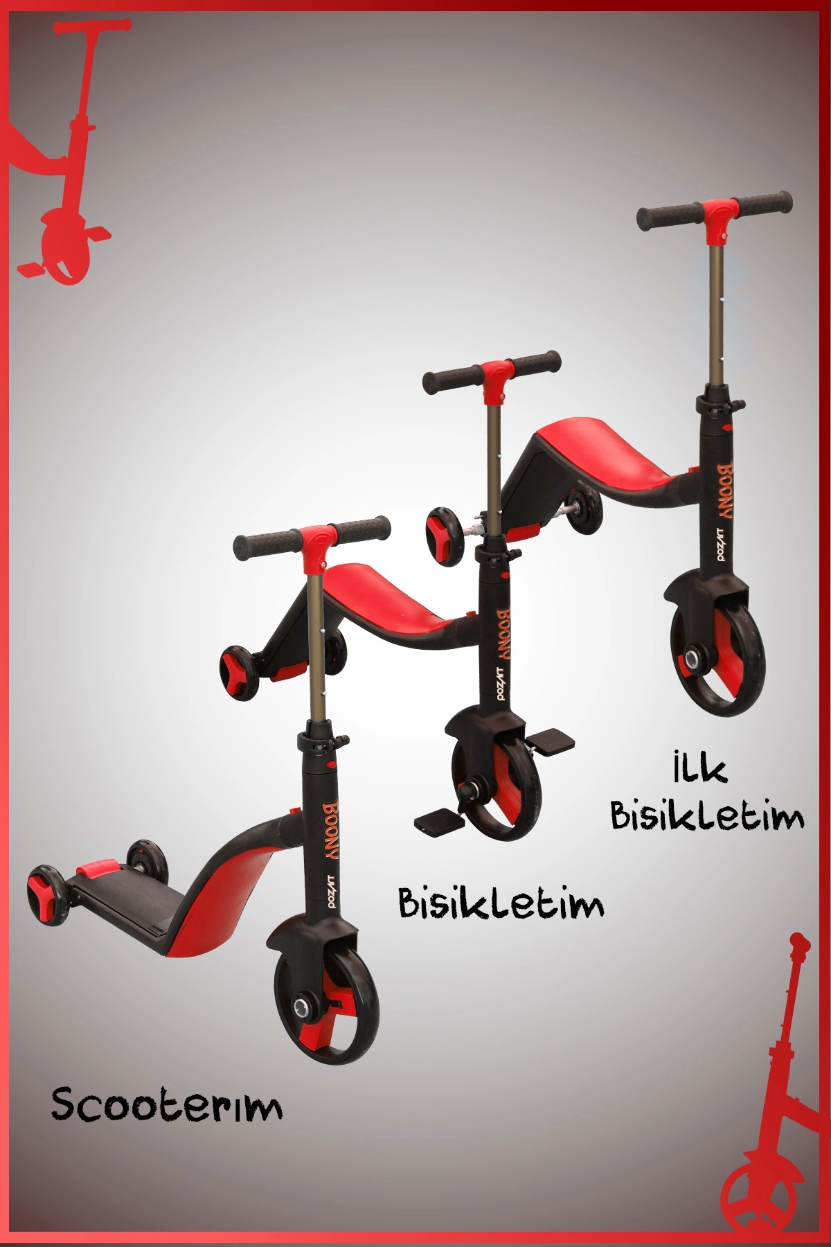 BOONY KIRMIZI İilk Bisikletim Hem Scooter Hem Bisiklet 3 Farklı Özellik 2-8 Yaş Arası