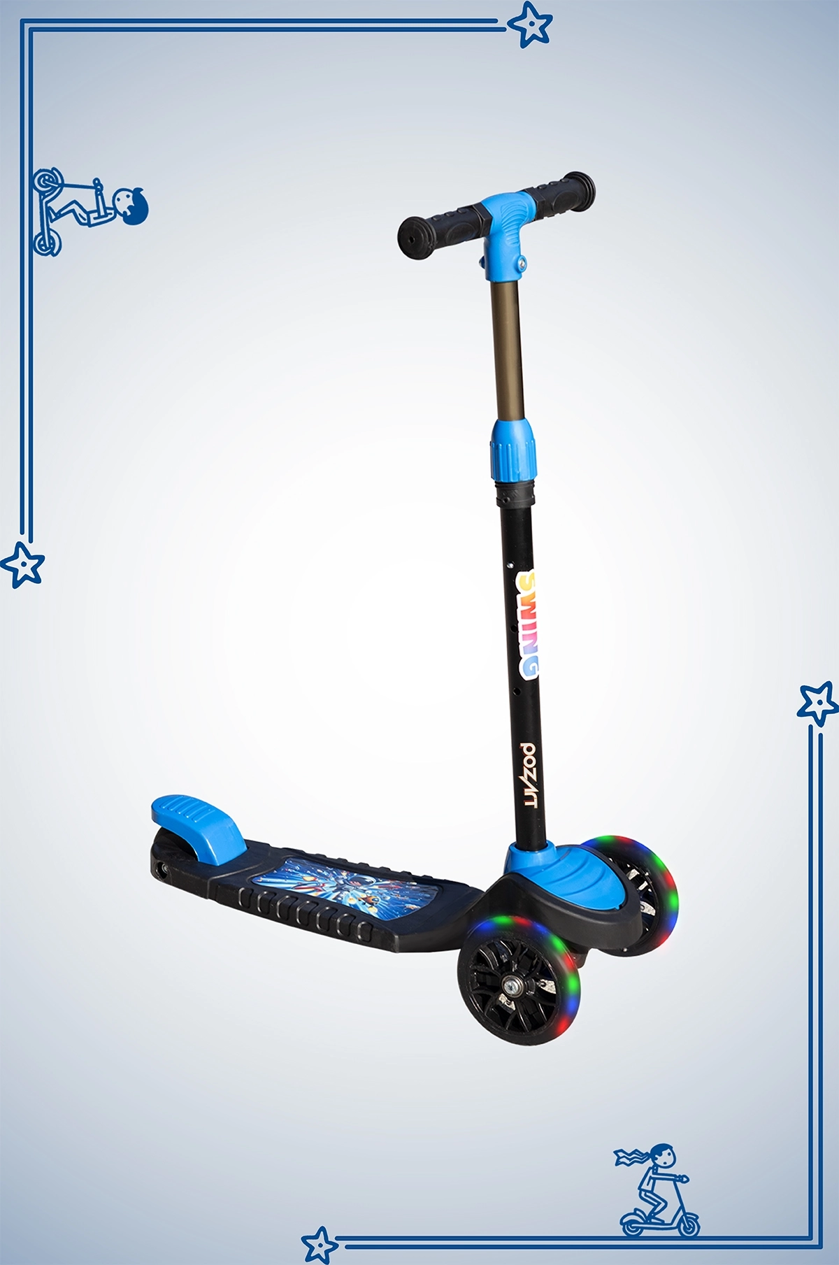SWİNG MAVİ Led Işıklı 3 Tekerlekli Yükseklik Ayarlı Scooter +3 Yaş 40Kg Kapasiteli