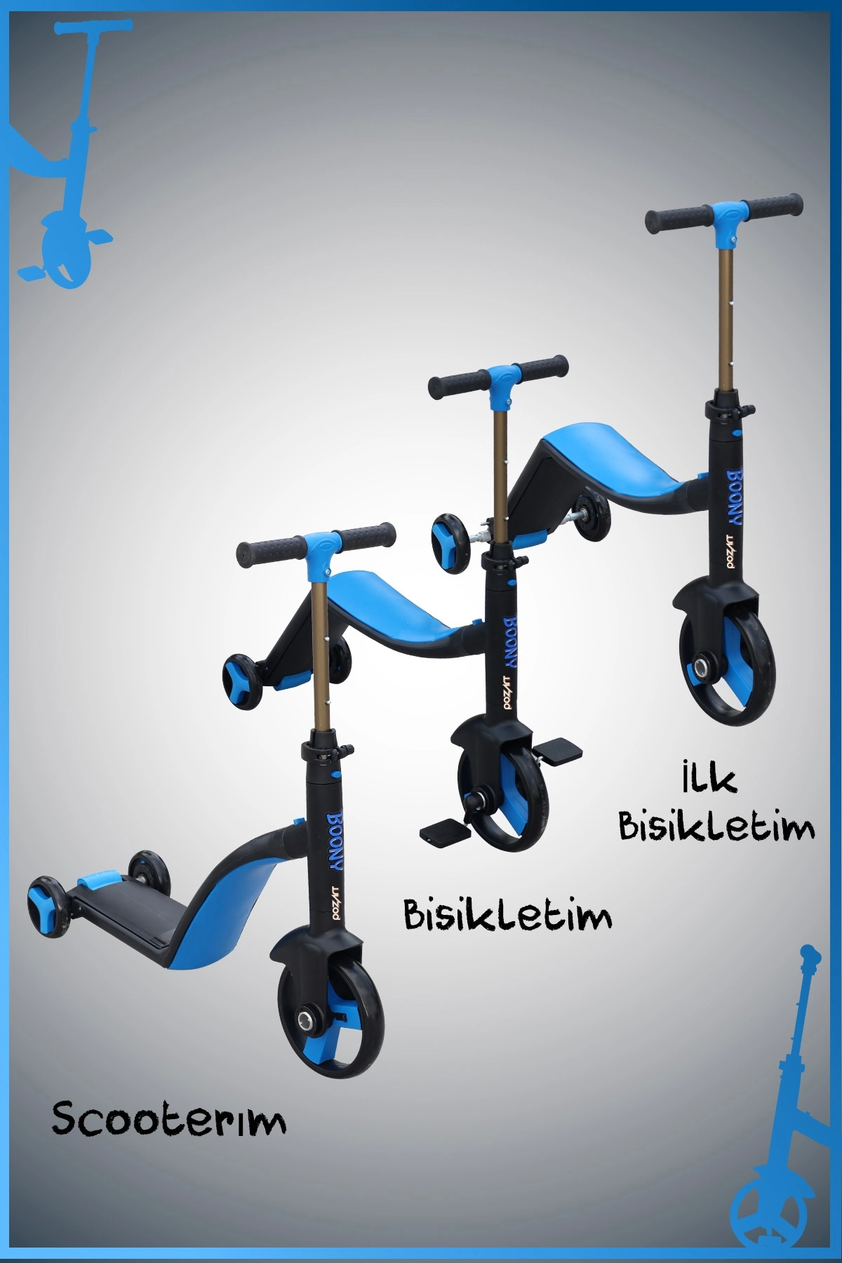 BOONY MAVİ İilk Bisikletim Hem Scooter Hem Bisiklet 3 Farklı Özellik 2-8 Yaş Arası