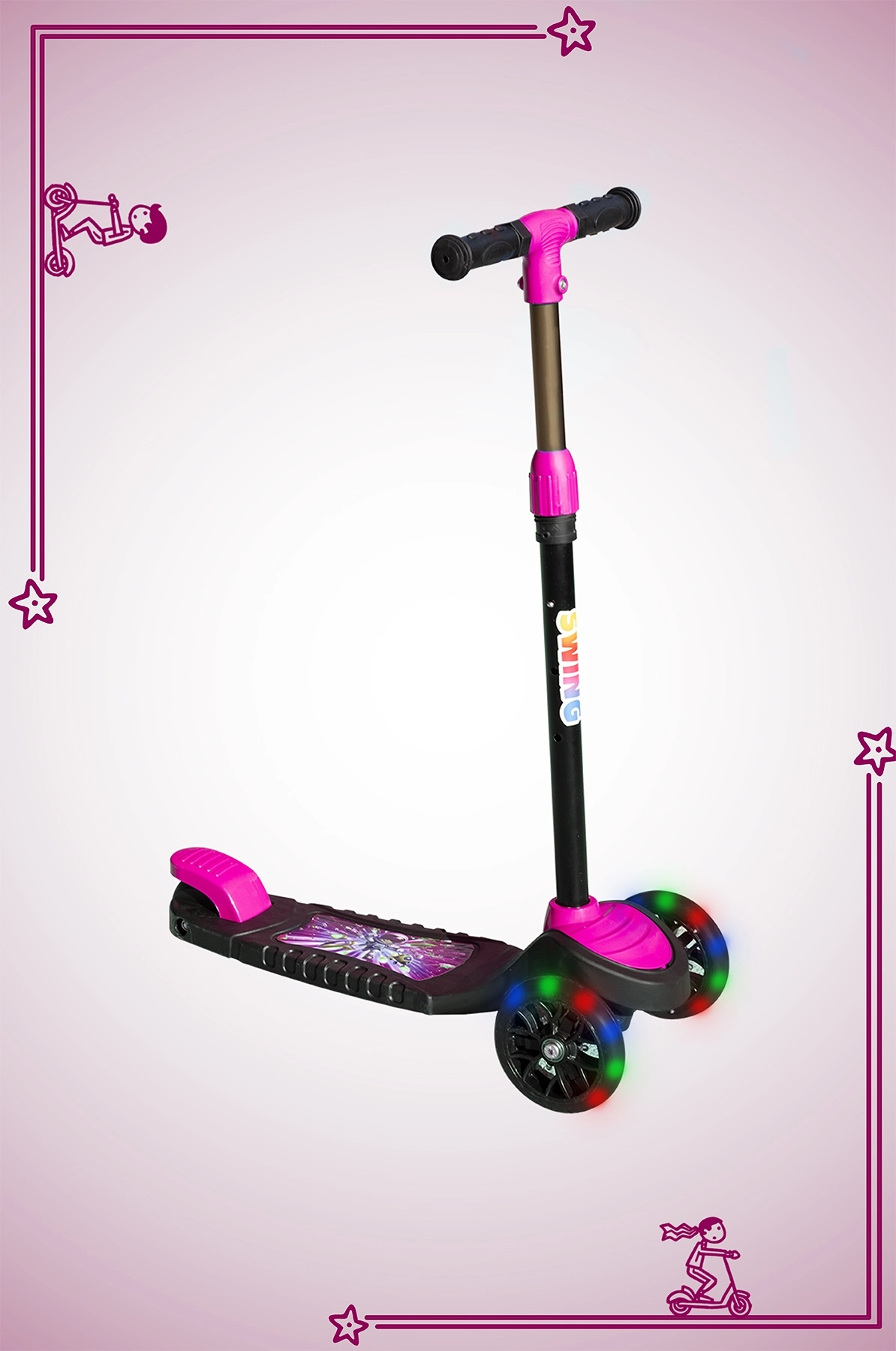 SWİNG PEMBE Led Işıklı 3 Tekerlekli Yükseklik Ayarlı Scooter +3 Yaş 40Kg Kapasiteli