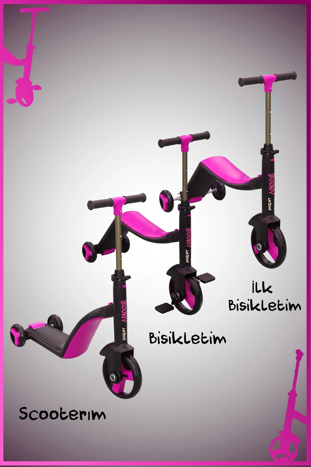 BOONY PEMBE İilk Bisikletim Hem Scooter Hem Bisiklet 3 Farklı Özellik 2-8 Yaş Arası