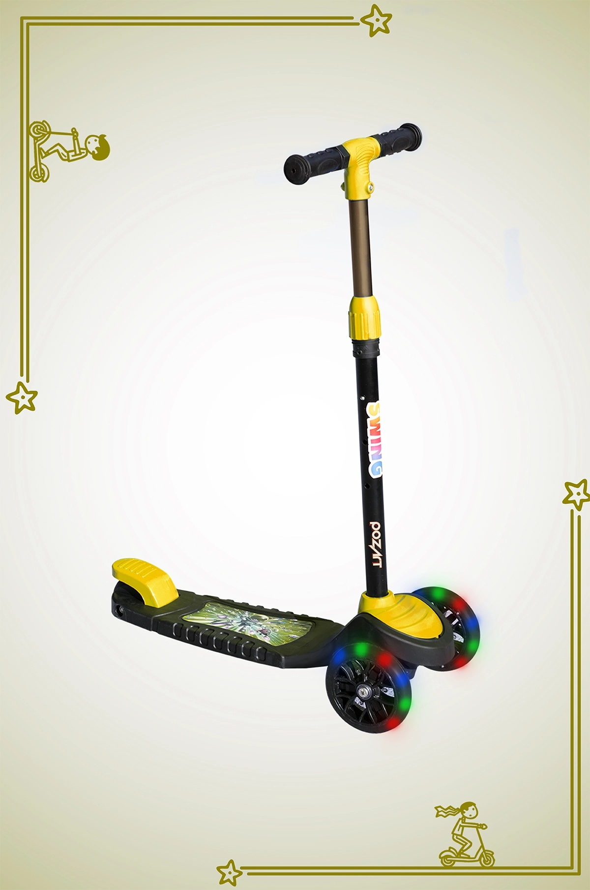 SWİNG SARI Led Işıklı 3 Tekerlekli Yükseklik Ayarlı Scooter +3 Yaş 40Kg Kapasiteli