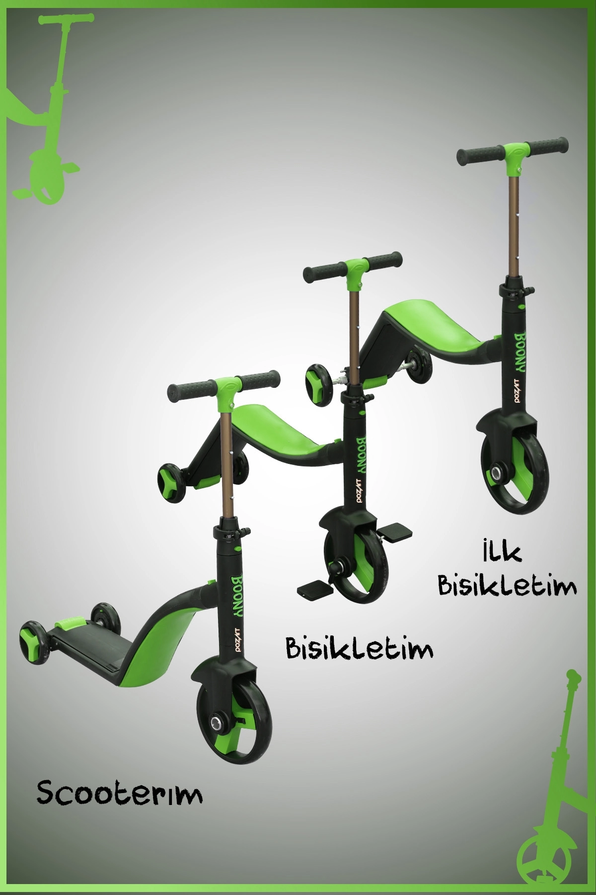 BOONY YEŞİL İilk Bisikletim Hem Scooter Hem Bisiklet 3 Farklı Özellik 2-8 Yaş Arası