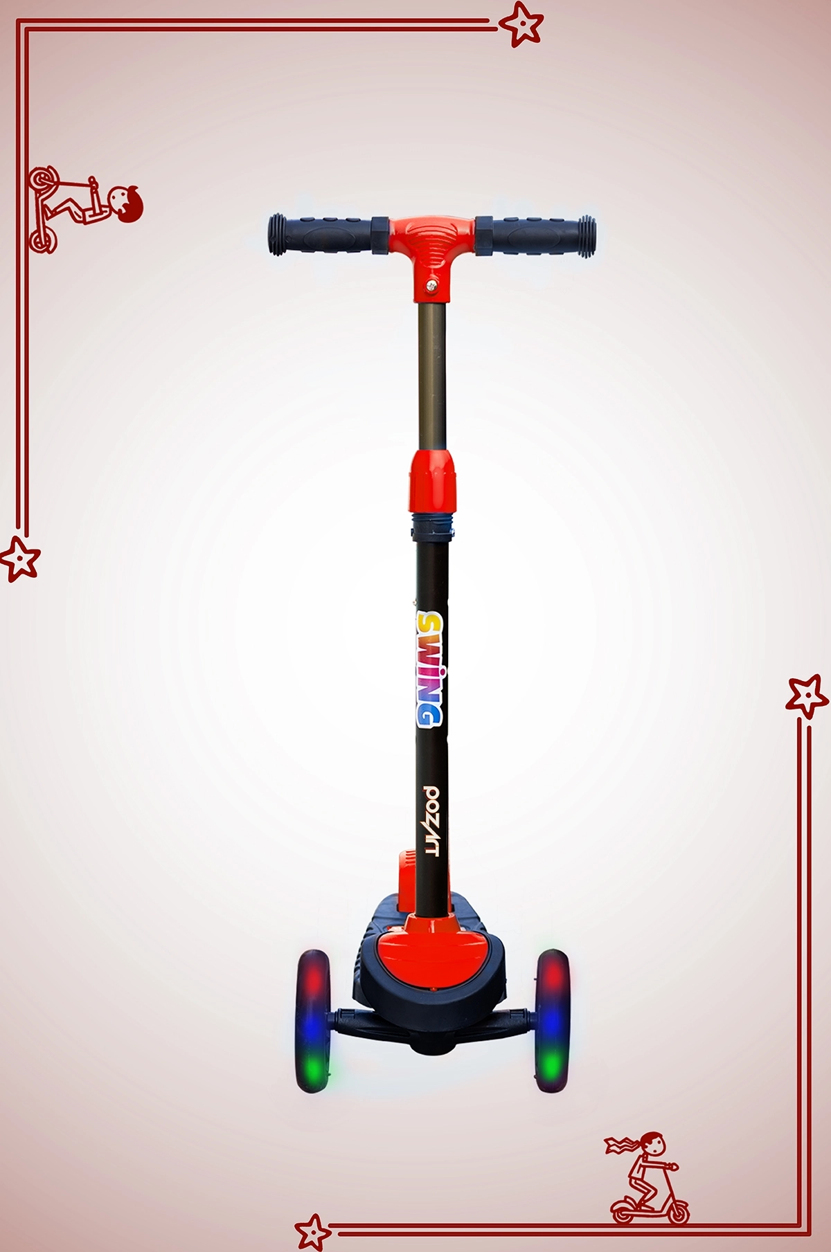 SWİNG KIRMIZI Led Işıklı 3 Tekerlekli Yükseklik Ayarlı Scooter +3 Yaş 40Kg Kapasiteli