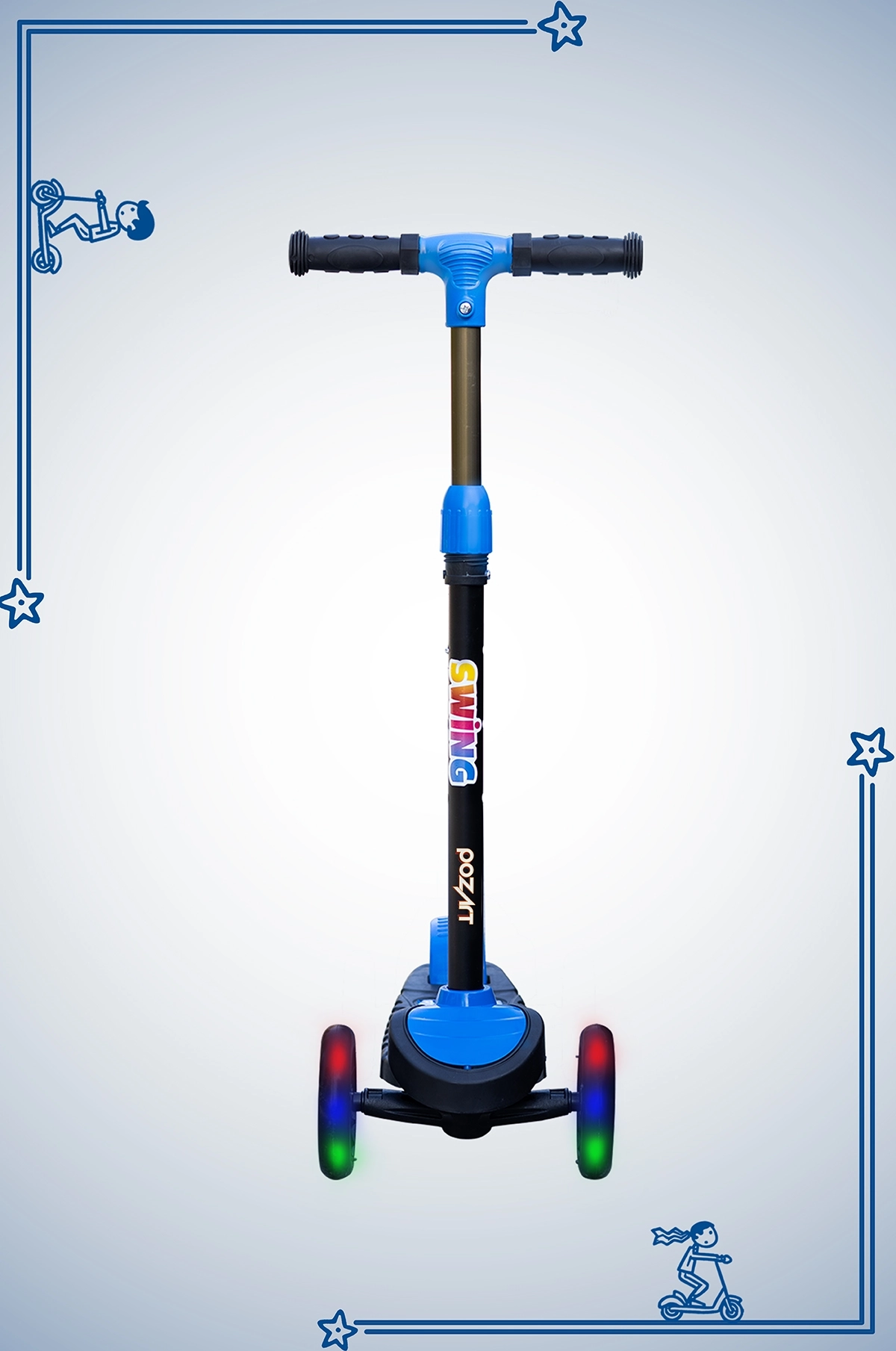 SWİNG MAVİ Led Işıklı 3 Tekerlekli Yükseklik Ayarlı Scooter +3 Yaş 40Kg Kapasiteli