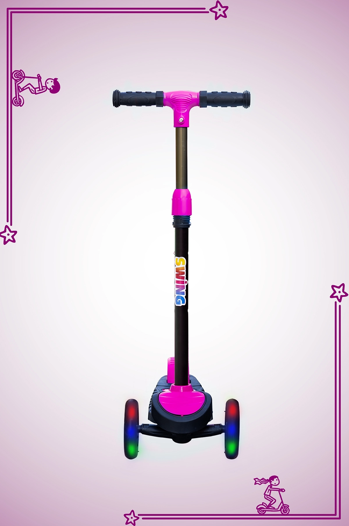 SWİNG PEMBE Led Işıklı 3 Tekerlekli Yükseklik Ayarlı Scooter +3 Yaş 40Kg Kapasiteli