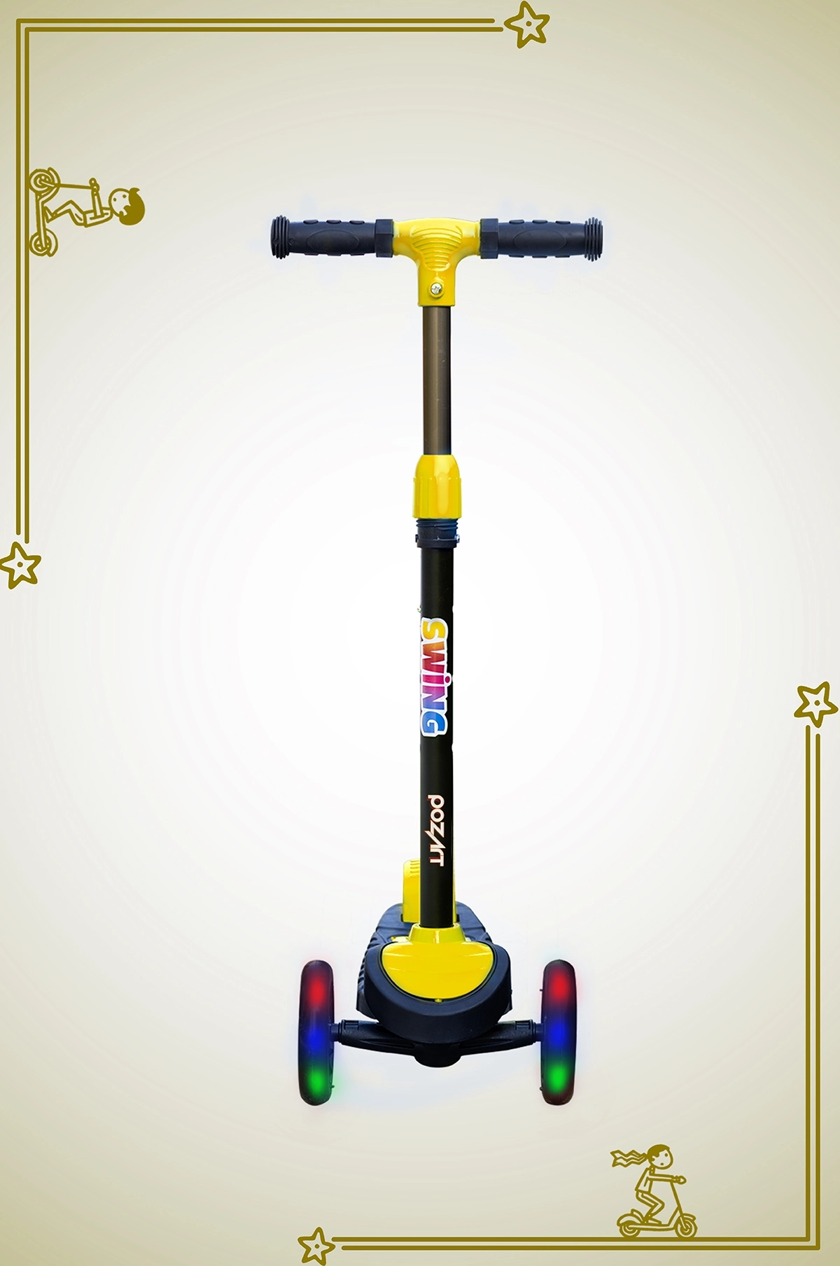 SWİNG SARI Led Işıklı 3 Tekerlekli Yükseklik Ayarlı Scooter +3 Yaş 40Kg Kapasiteli