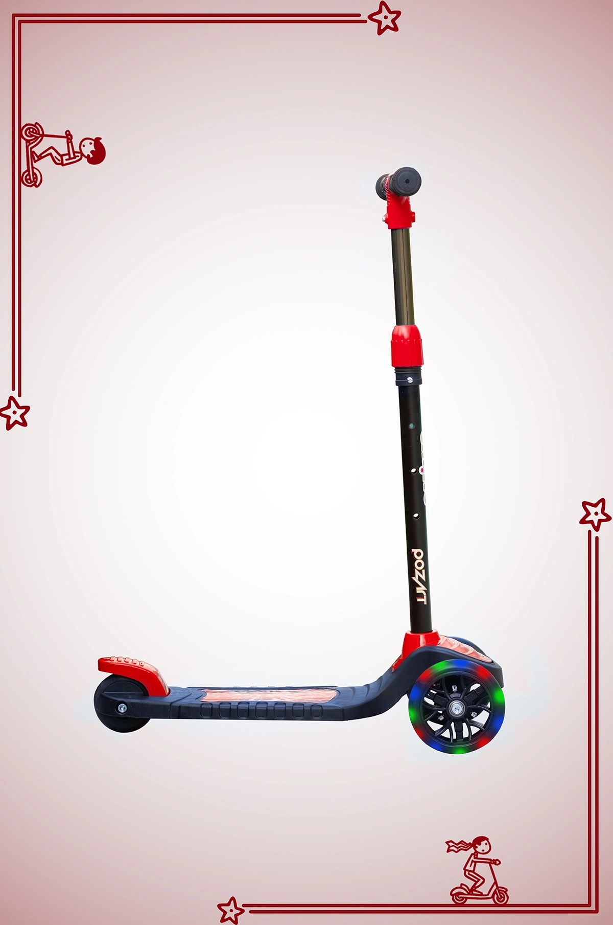 SWİNG KIRMIZI Led Işıklı 3 Tekerlekli Yükseklik Ayarlı Scooter +3 Yaş 40Kg Kapasiteli