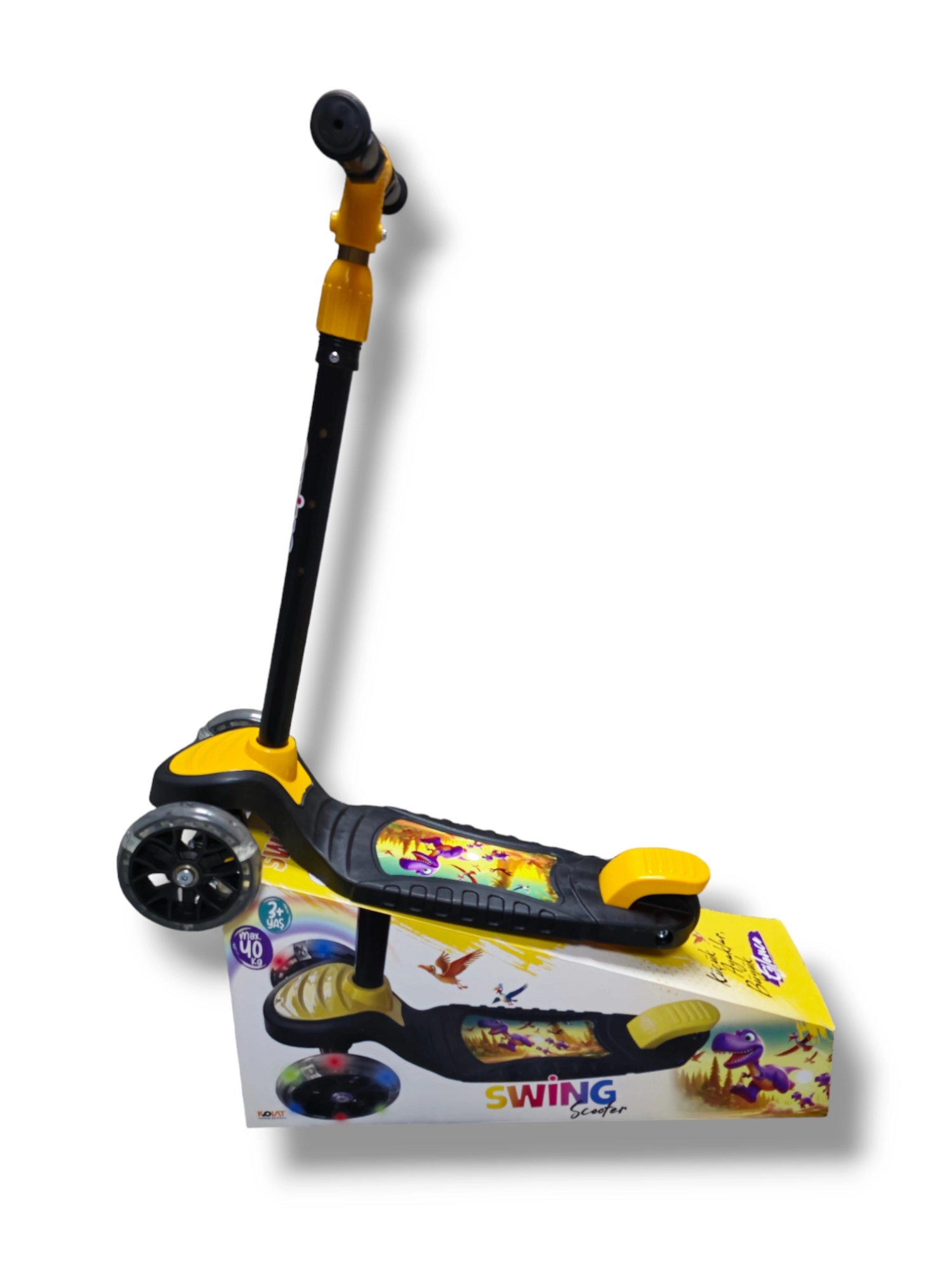 SWİNG SARI Led Işıklı 3 Tekerlekli Yükseklik Ayarlı Scooter +3 Yaş 40Kg Kapasiteli