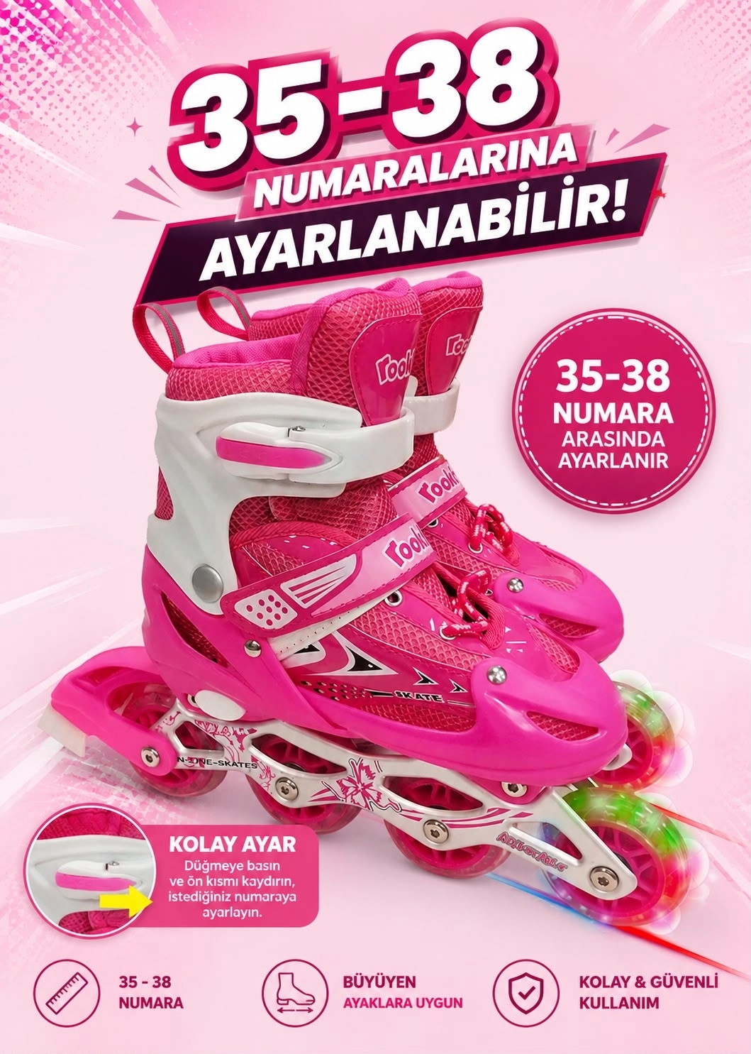 Işıklı Tekerli Paten 35-38 Ayak Numarasına Ayarlanabilir 4Tekerli