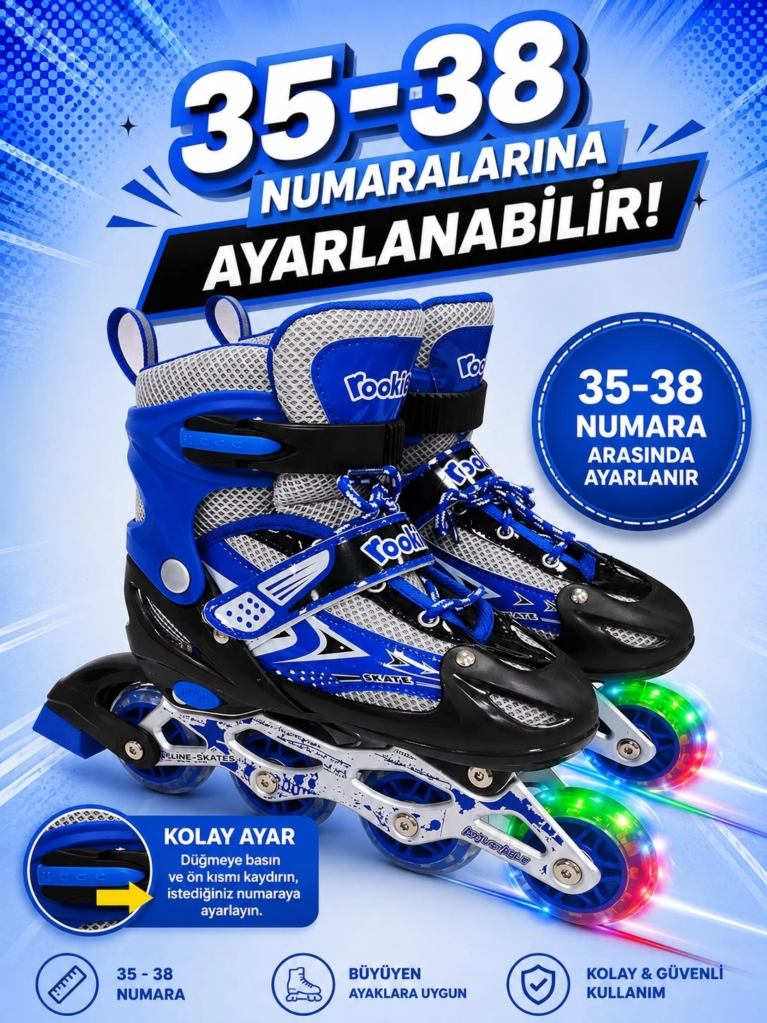 Işıklı Tekerli Paten 35-38 Ayak Numarasına Ayarlanabilir 4Tekerli