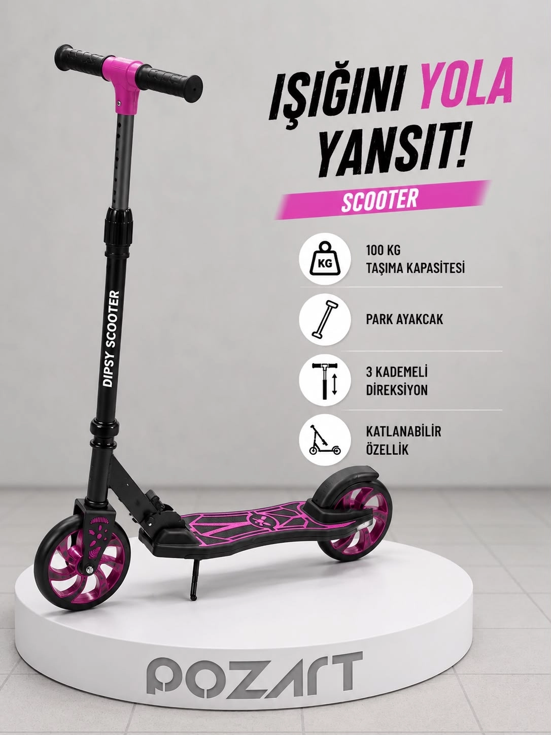 DİPSY PEMBE 2 Tekerlekli Katlanabilir +12 Yaş Üzeri Max 100 kg Taşıma Kapasite Frenli 9-12 yaş Scooter