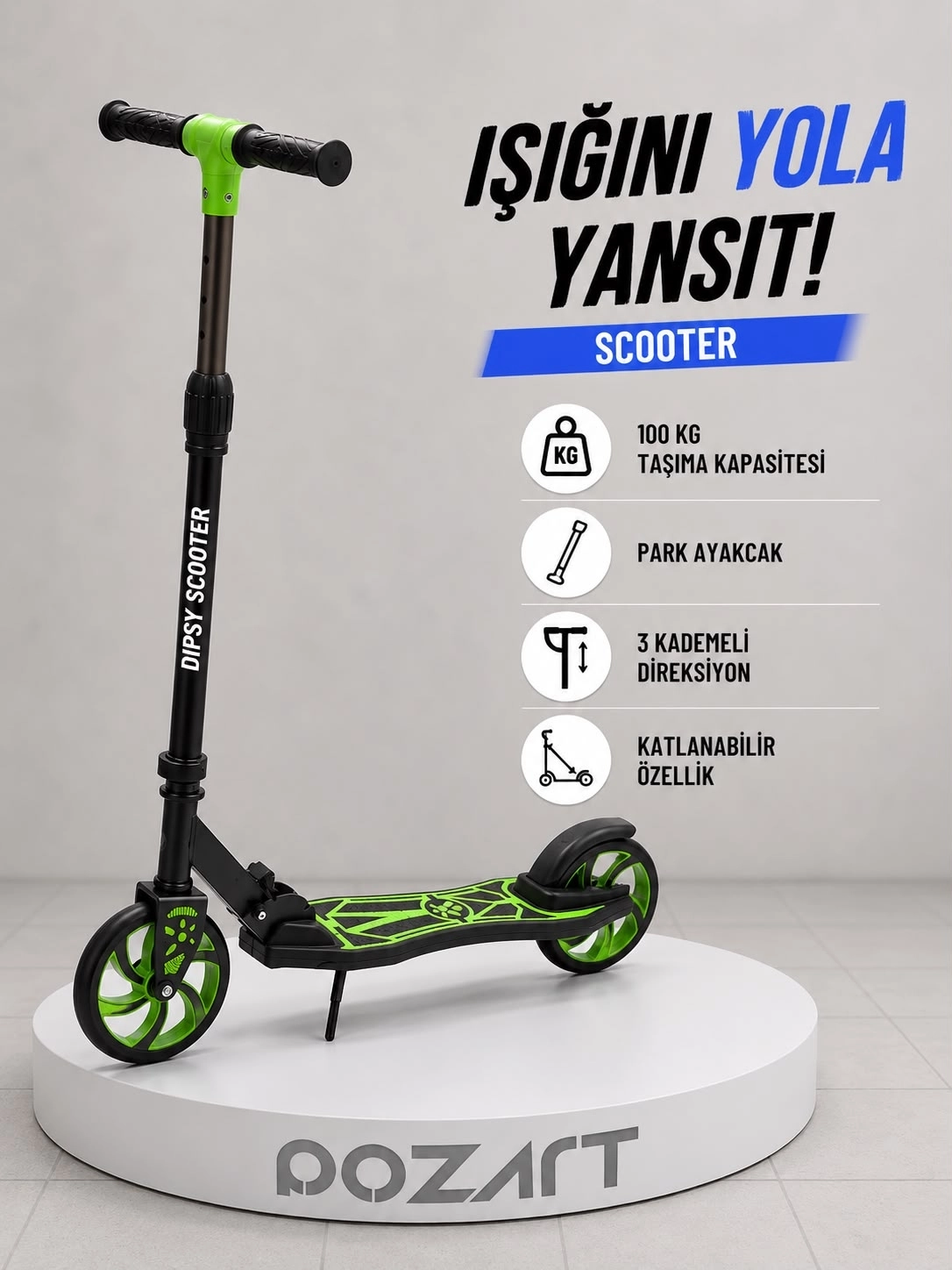 DİPSY YEŞİL 2 Tekerlekli Katlanabilir +12 Yaş Üzeri Max 100 kg Taşıma Kapasite Frenli 9-12 yaş Scooter