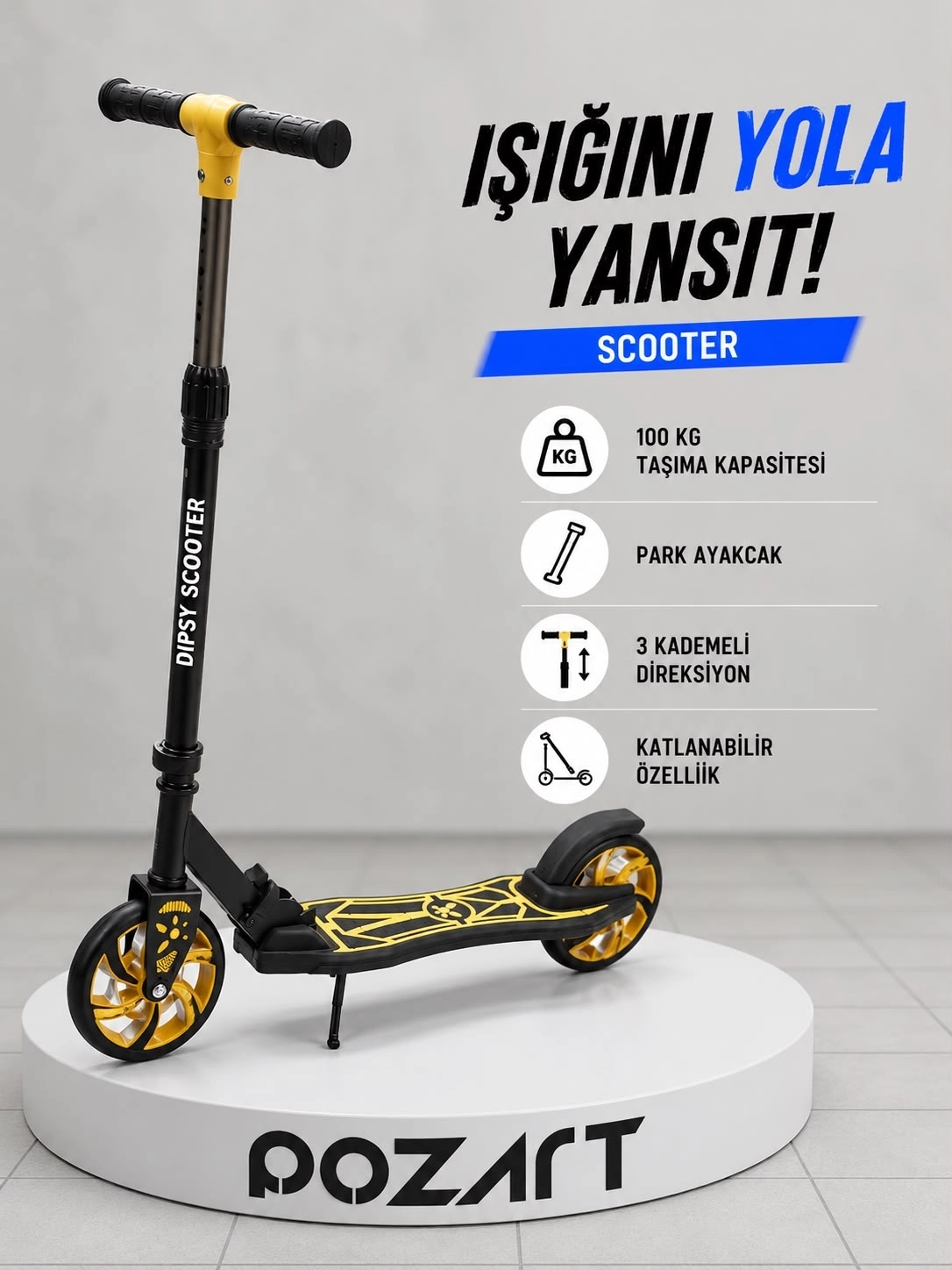 DİPSY TURUNCU/SARI 2 Tekerlekli Katlanabilir +12 Yaş Üzeri Max 100 kg Taşıma Kapasite Frenli 9-12 yaş Scooter