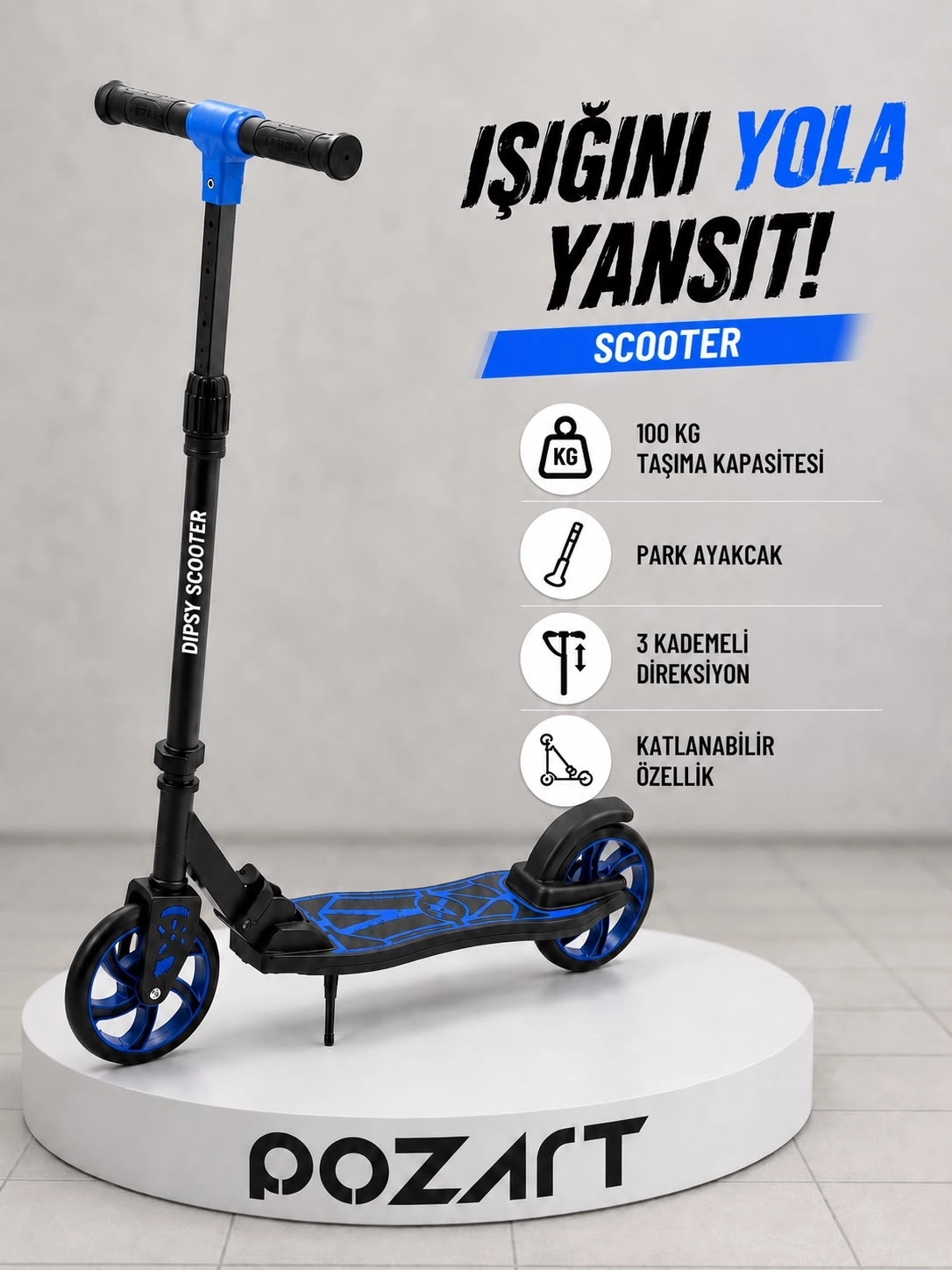 DİPSY MAVİ 2 Tekerlekli Katlanabilir +12 Yaş Üzeri Max 100 kg Taşıma Kapasite Frenli 9-12 yaş Scooter