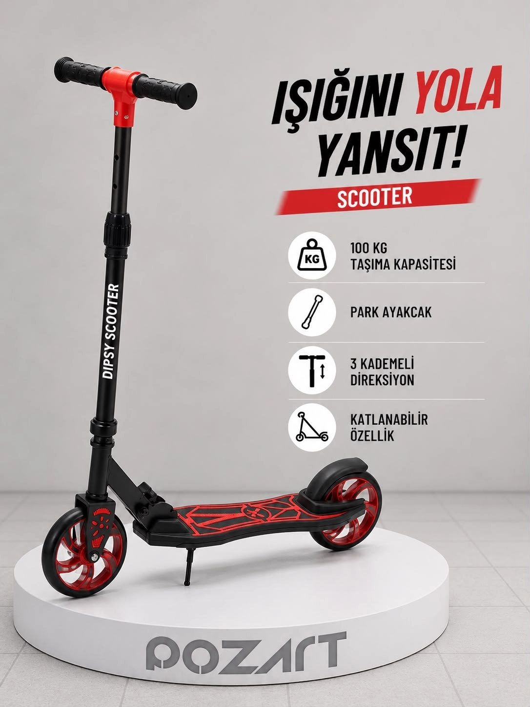 DİPSY KIRMIZI 2 Tekerlekli Katlanabilir +12 Yaş Üzeri Max 100 kg Taşıma Kapasite Frenli 9-12 yaş Scooter