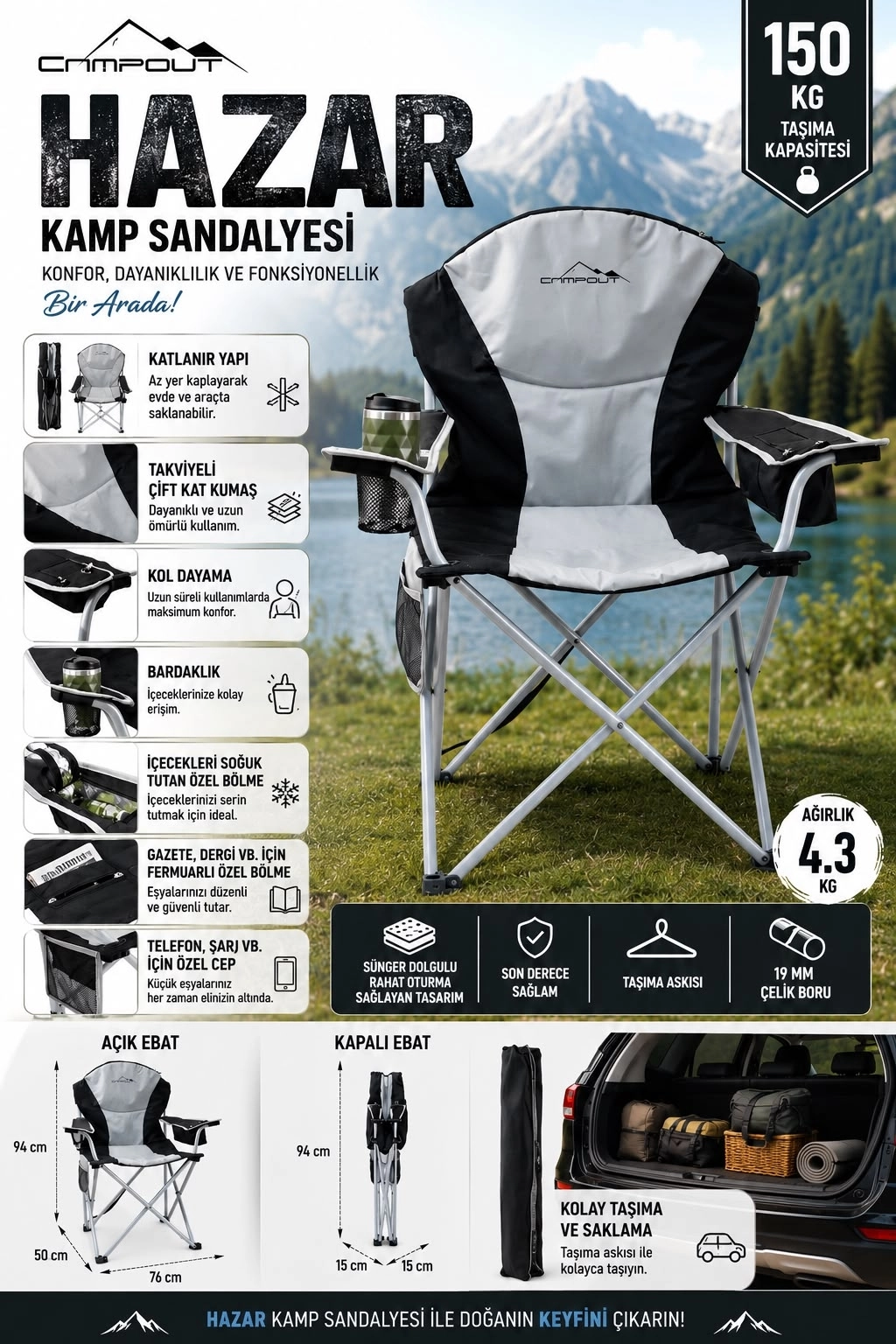 Hazar Lüks Dolgulu ve Taşıma Çantalı Kamp Sandalyesi 150kğ Taşıma Kapasiteli