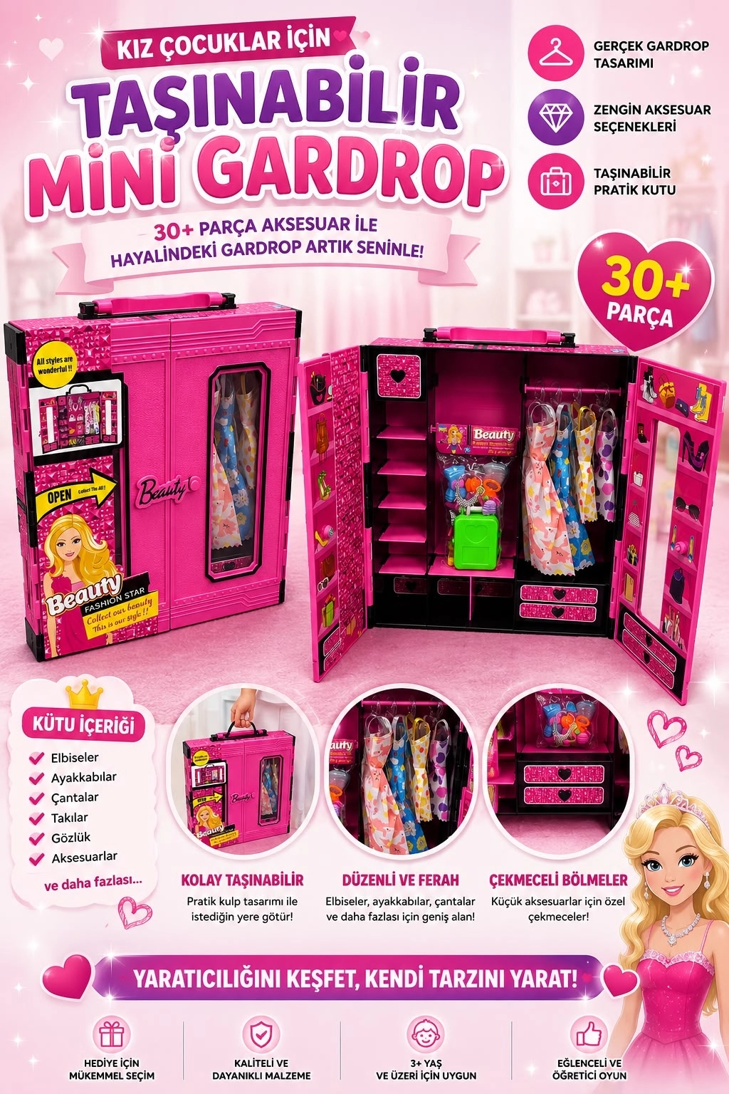 Prenses Fashion Star Aksesuarlı Gardrop Oyun Seti – 30+ Parça