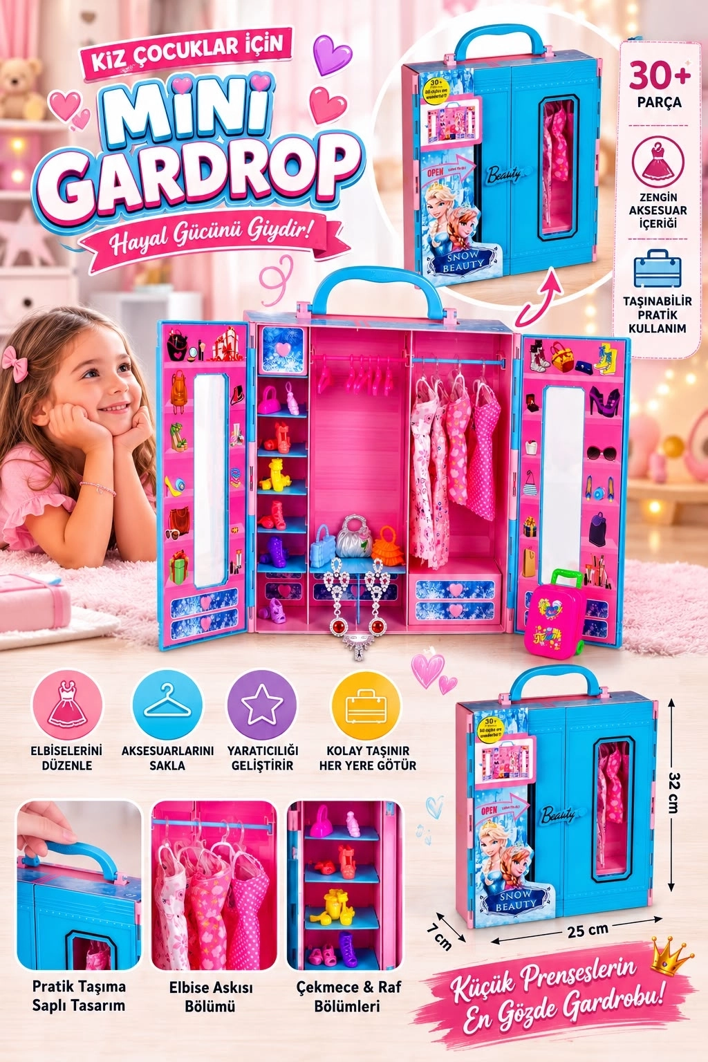 Kız Çocuk Taşınabilir Mini Gardrop Oyun Seti | 30+ Parça Aksesuar