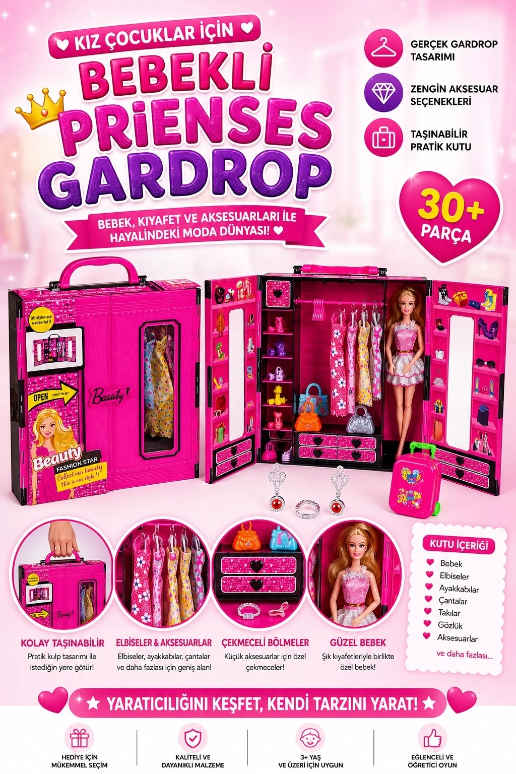 Bebekli Prenses Gardrop Oyun Seti | 30+ Parça Moda ve Aksesuar Seti