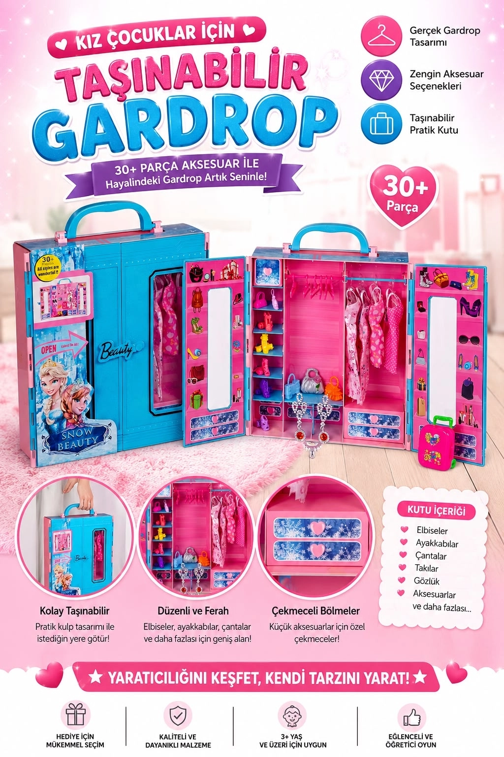 Kız Çocuk Taşınabilir Mini Gardrop Oyun Seti | 30+ Parça Aksesuar