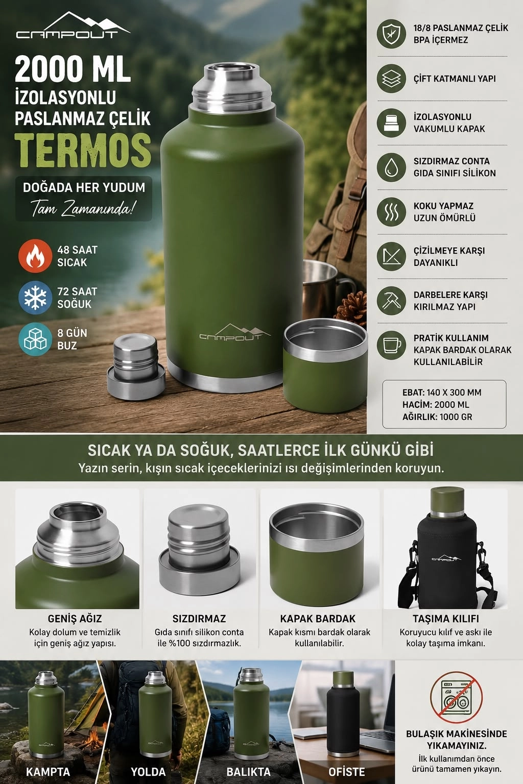 2000ML Çift Katmanlı Çelik Vakumlu Kamp Termosu 48Saat Sıcak 72Saat Soğuk