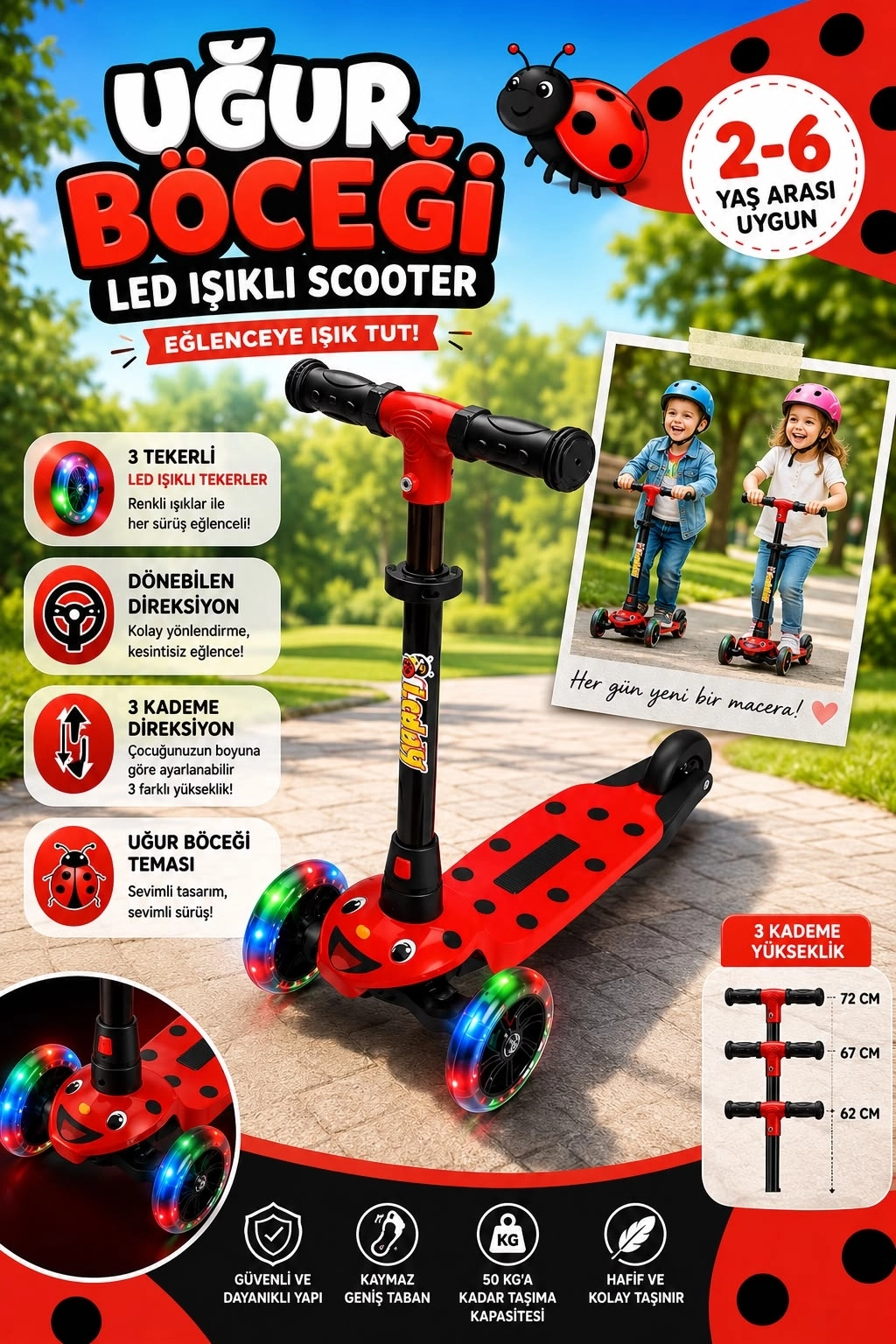 LEDDY UĞUR BÖCEĞİ Led Işıklı 3 Tekerli 2+ Yaş Arası Max 50 Kg Taşıma Kapasitesi 3 Kademeli Scooter