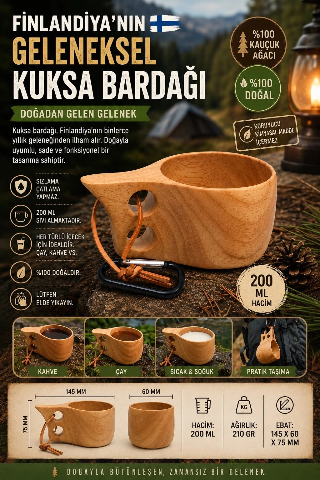 Geleneksel Kuksa Kamp Bardağı %100 Ağaç Ve Doğaldır Kamp Bardağı