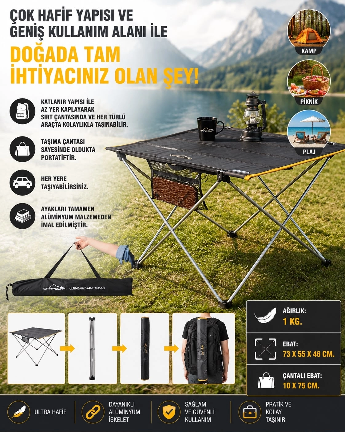 Katlanır Ultralıght Hafif (1kg) Pratik Lüks Kamp Masası Taşıma Çantalı 73x55x46