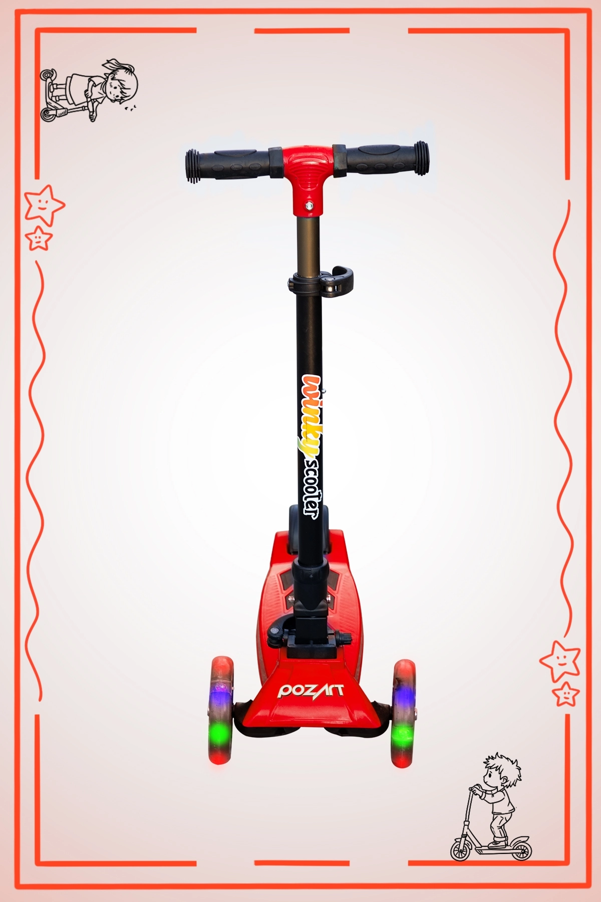 WİNKY KIRMIZI Led Işıklı 3 Tekerli Katlanabilir 5-9 Yaş Arası Max 90 Kg Taşıma Kapasitesi 3 kademeli Scooter